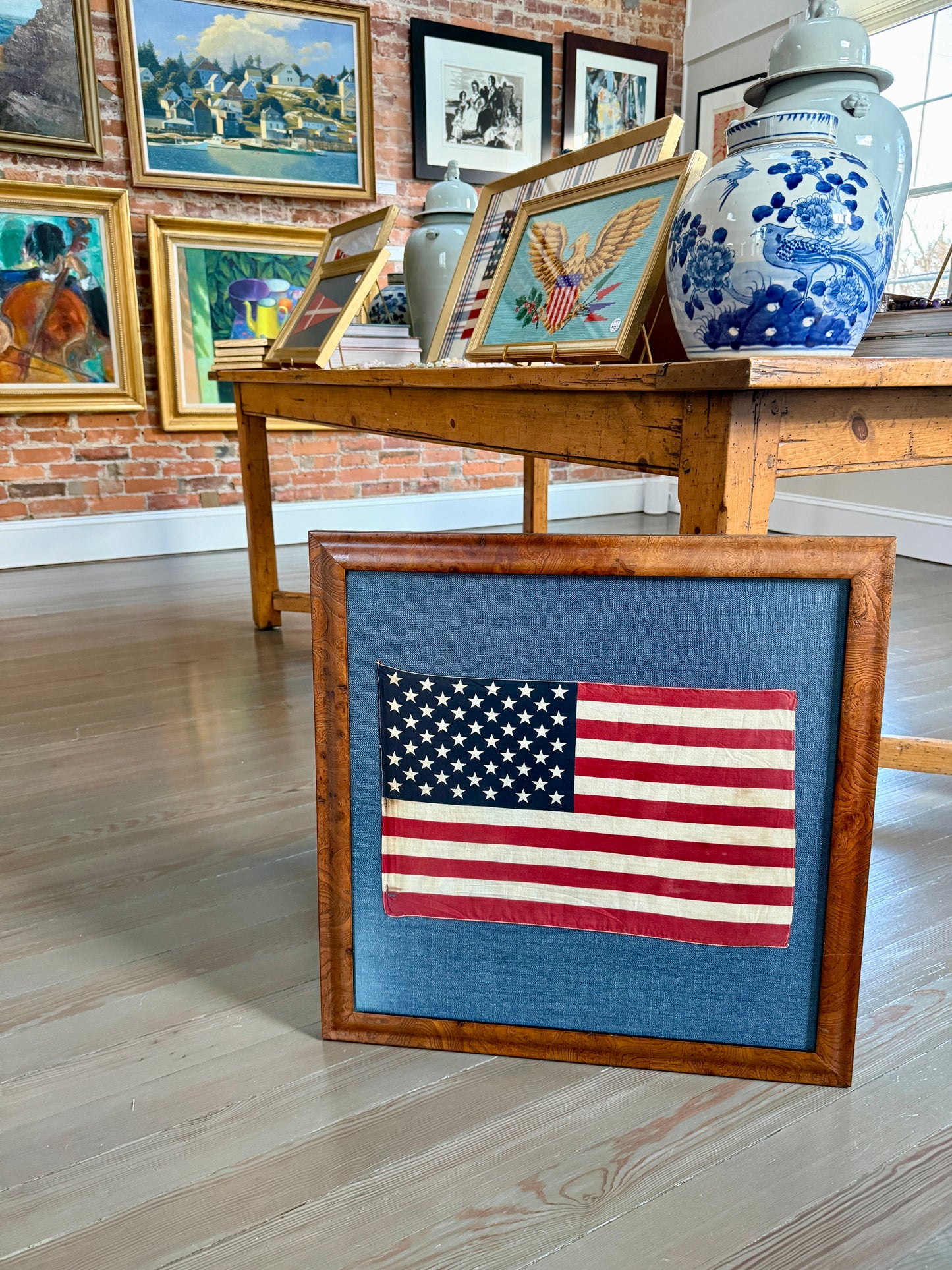 Vintage 50 Star American Flag on Dark Blue Oxford in Burlwood Frame