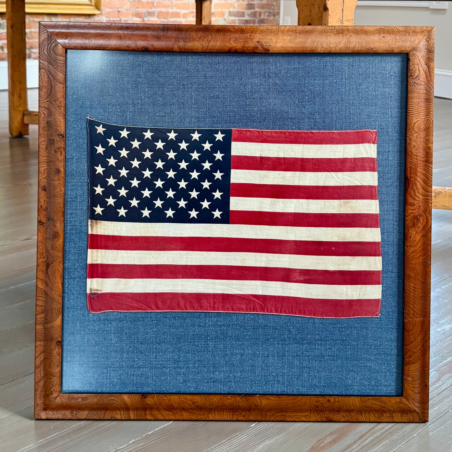 Vintage 50 Star American Flag on Dark Blue Oxford in Burlwood Frame