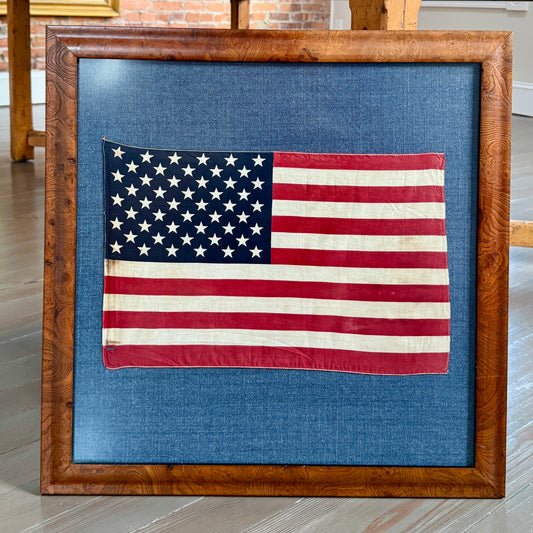 Vintage 50 Star American Flag on Dark Blue Oxford in Burlwood Frame