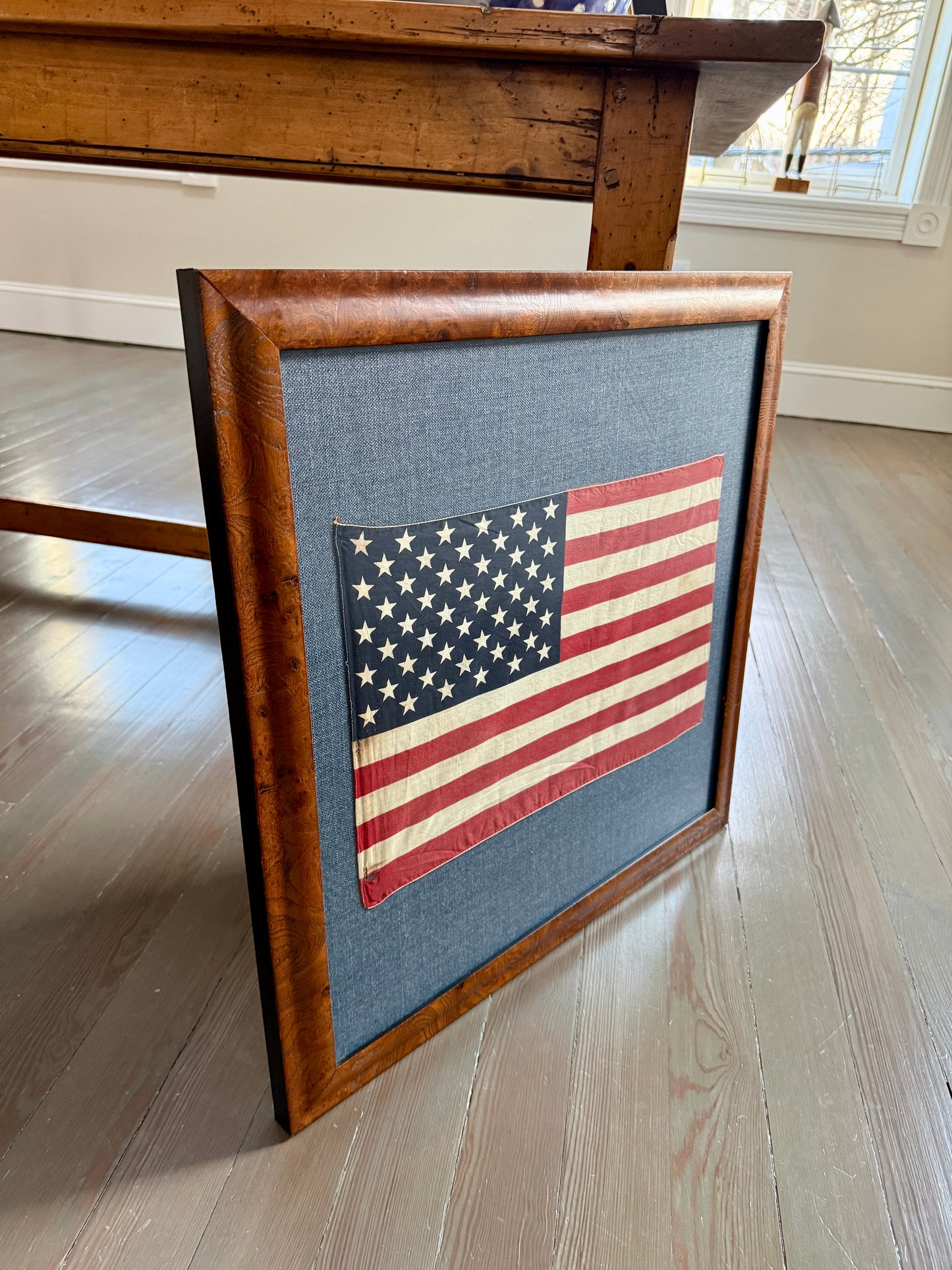 Vintage 50 Star American Flag on Dark Blue Oxford in Burlwood Frame