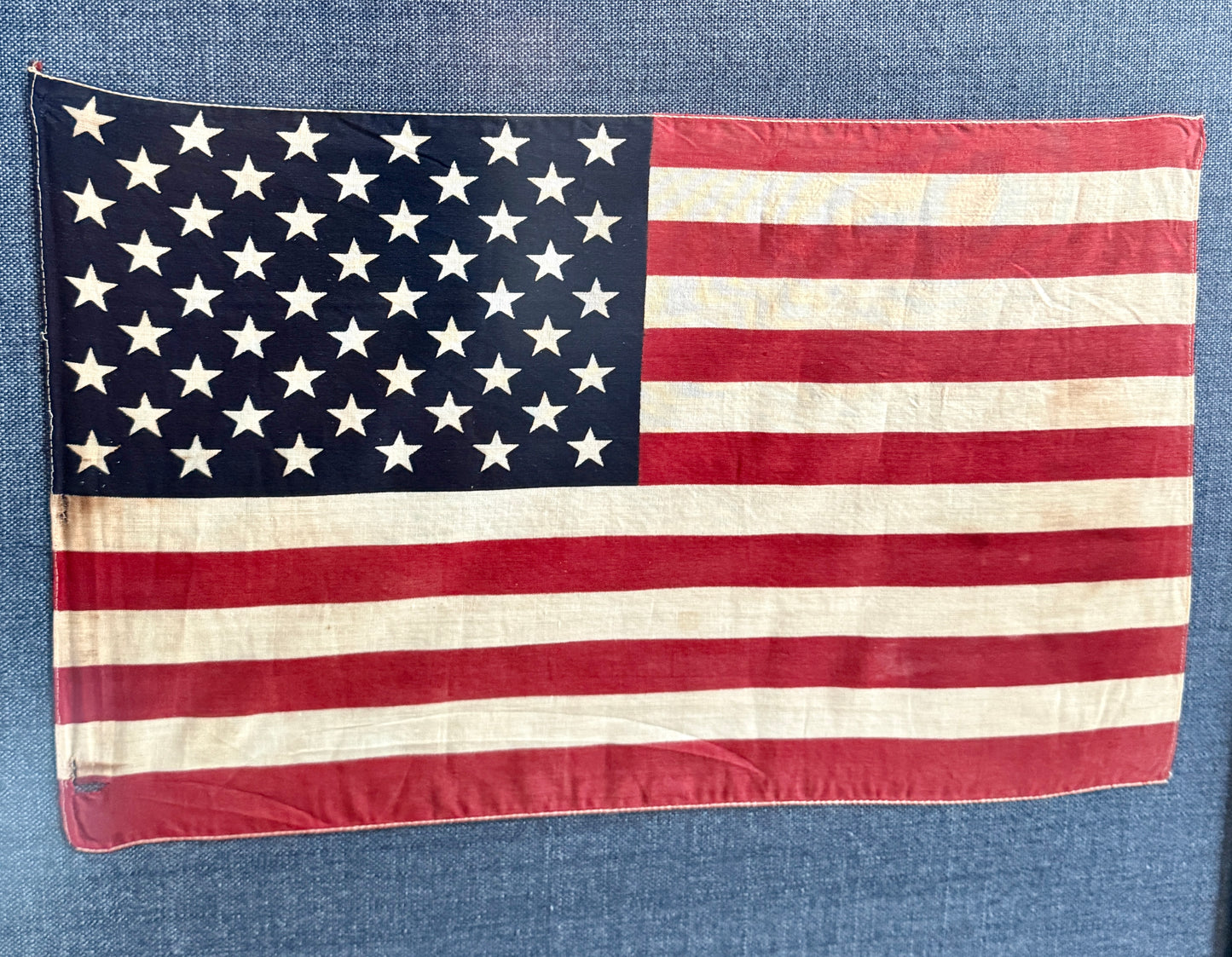 Vintage 50 Star American Flag on Dark Blue Oxford in Burlwood Frame