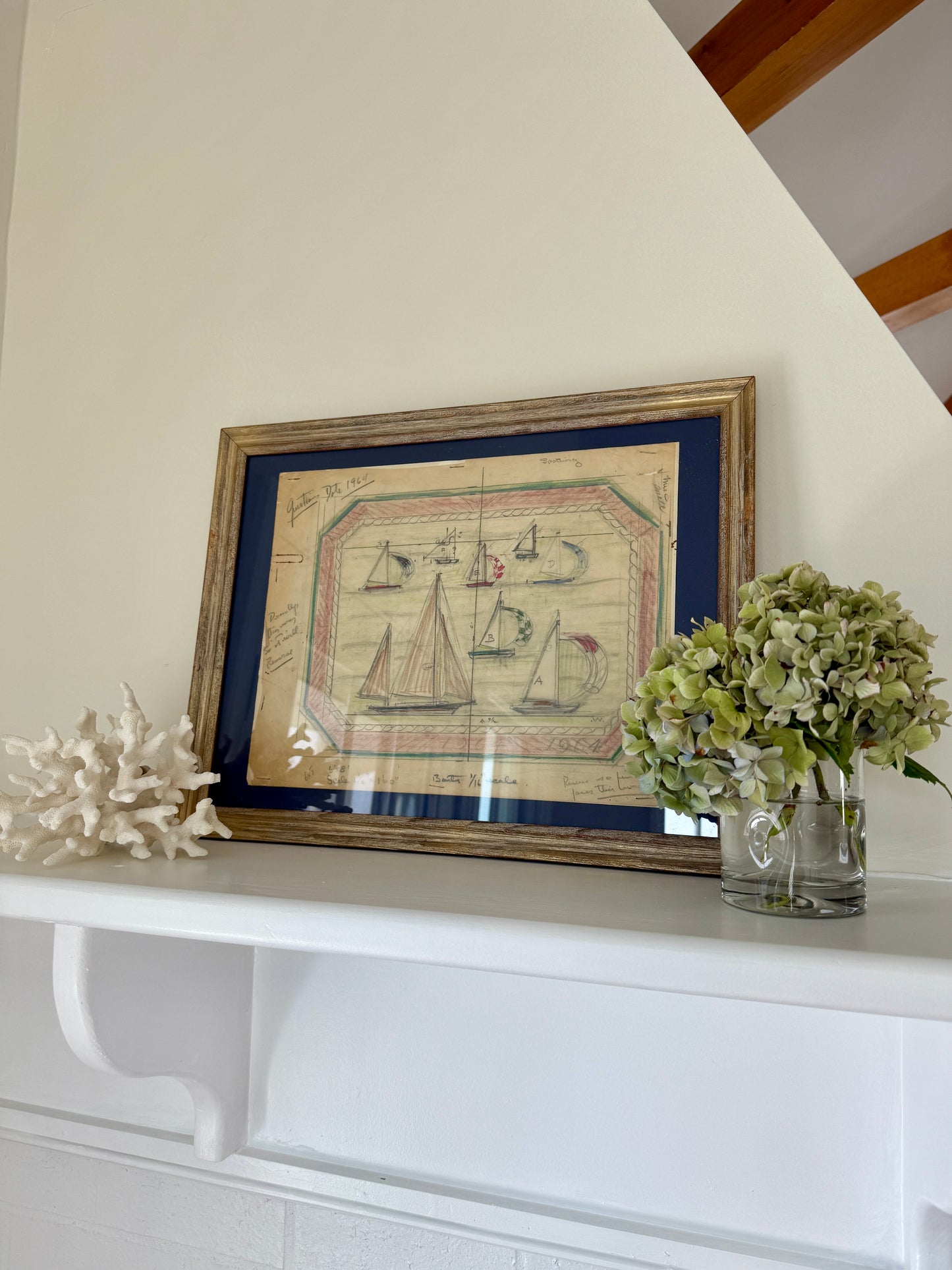 George Wells 1964 Nautical Sailboat Rug Design Sketch in Gilded Wood Frame