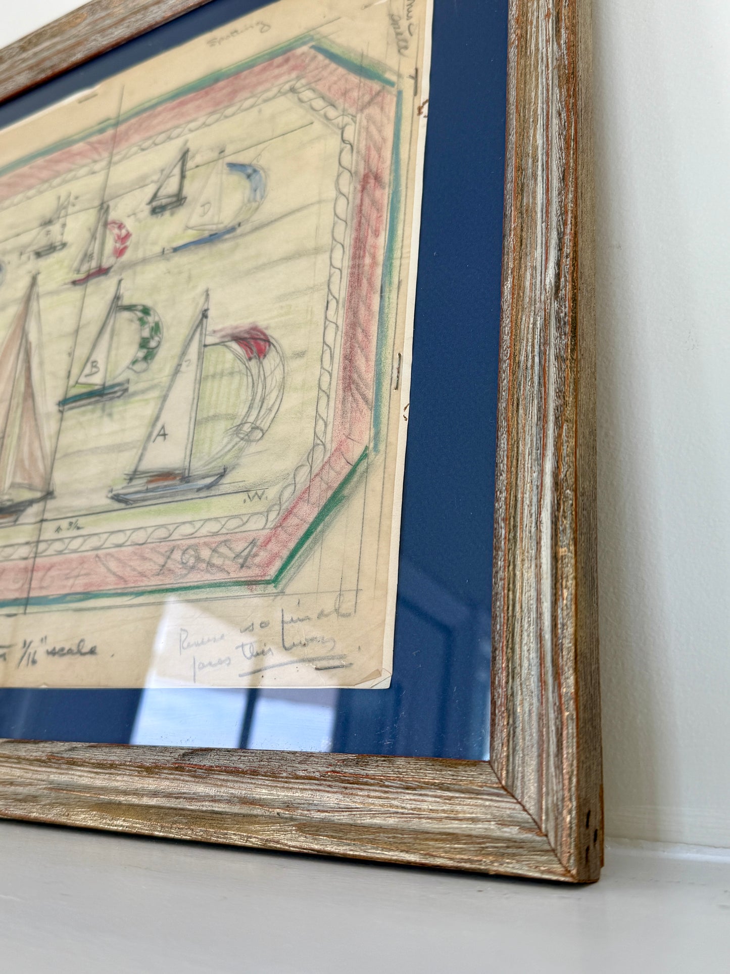 George Wells 1964 Nautical Sailboat Rug Design Sketch in Gilded Wood Frame