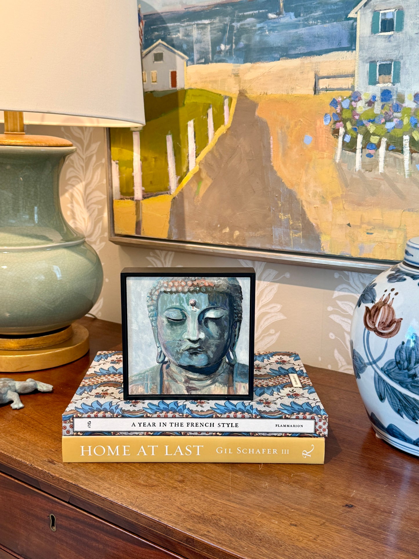 Karen McCool Ok, But Have You Tried Deep Breathing? Buddha Portrait Oil Painting in Black Floater Frame