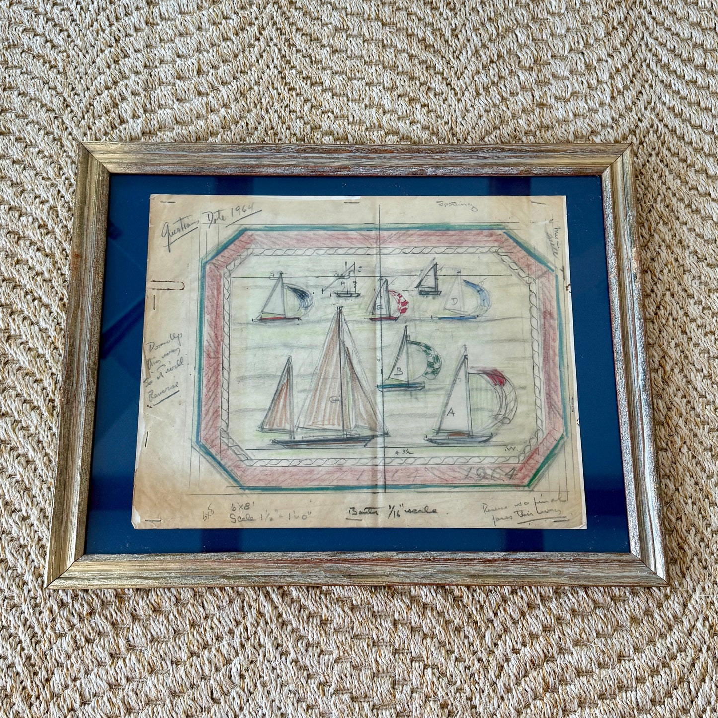 George Wells 1964 Nautical Sailboat Rug Design Sketch in Gilded Wood Frame