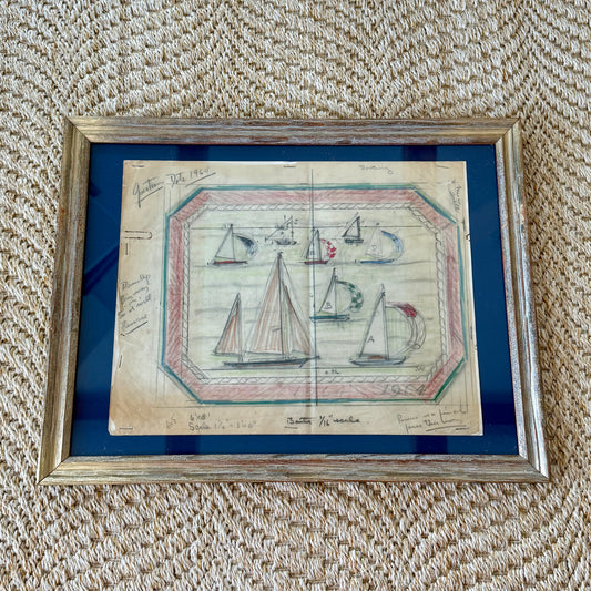 George Wells 1964 Nautical Sailboat Rug Design Sketch in Gilded Wood Frame