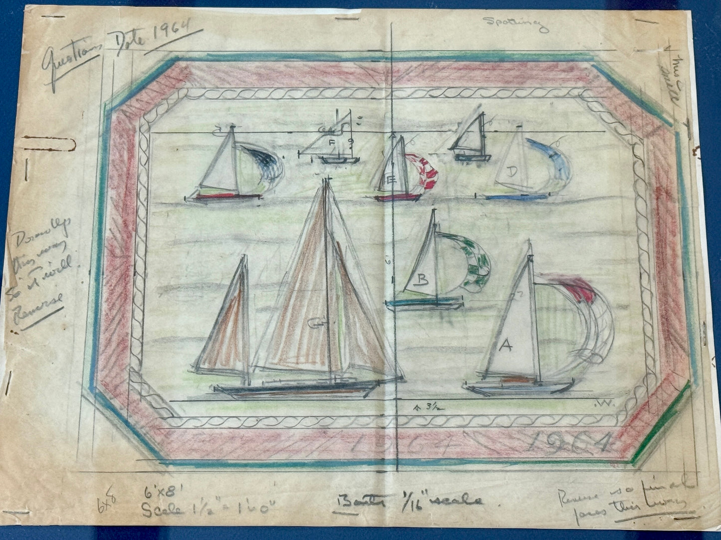 George Wells 1964 Nautical Sailboat Rug Design Sketch in Gilded Wood Frame