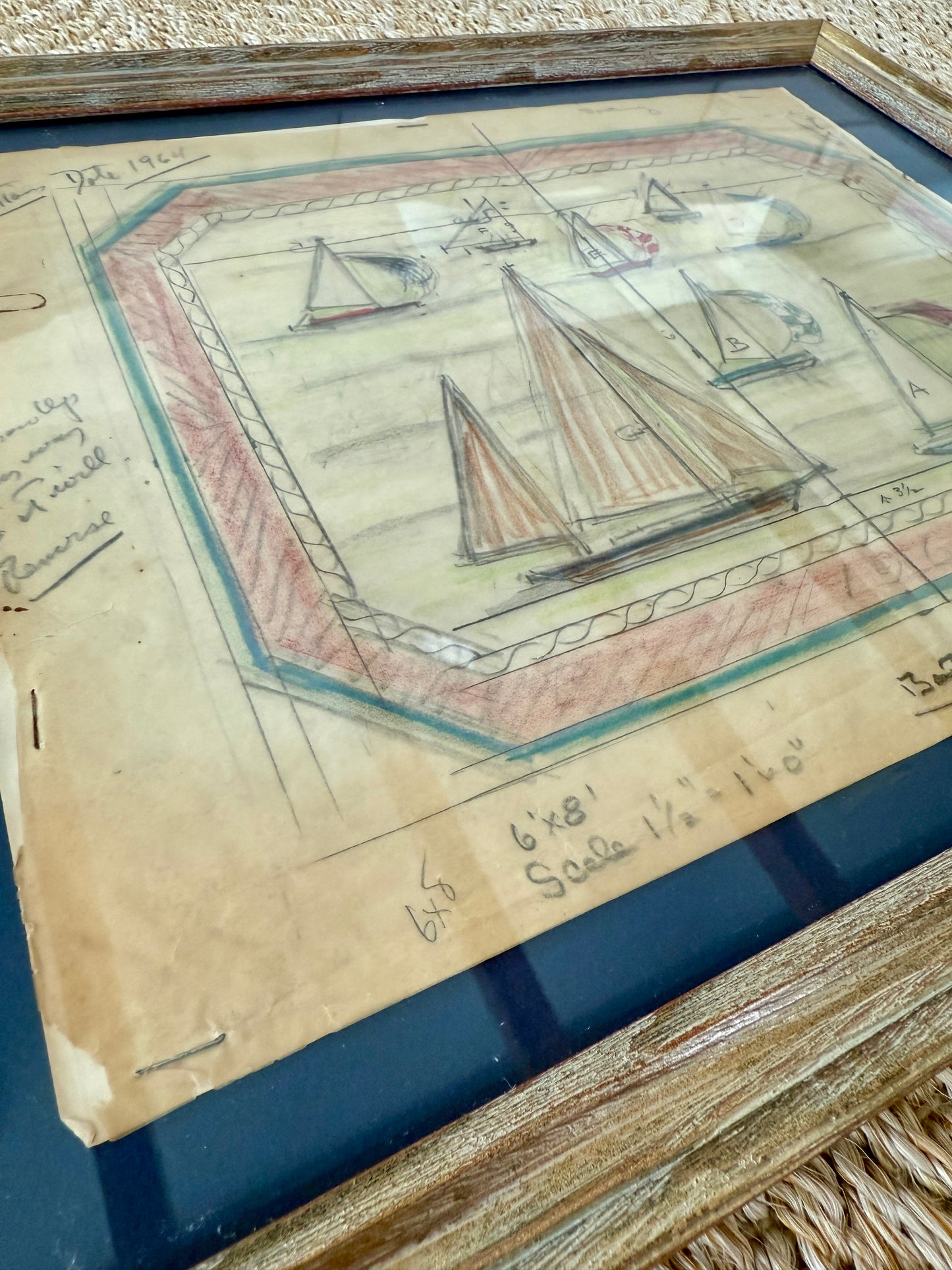 George Wells 1964 Nautical Sailboat Rug Design Sketch in Gilded Wood Frame