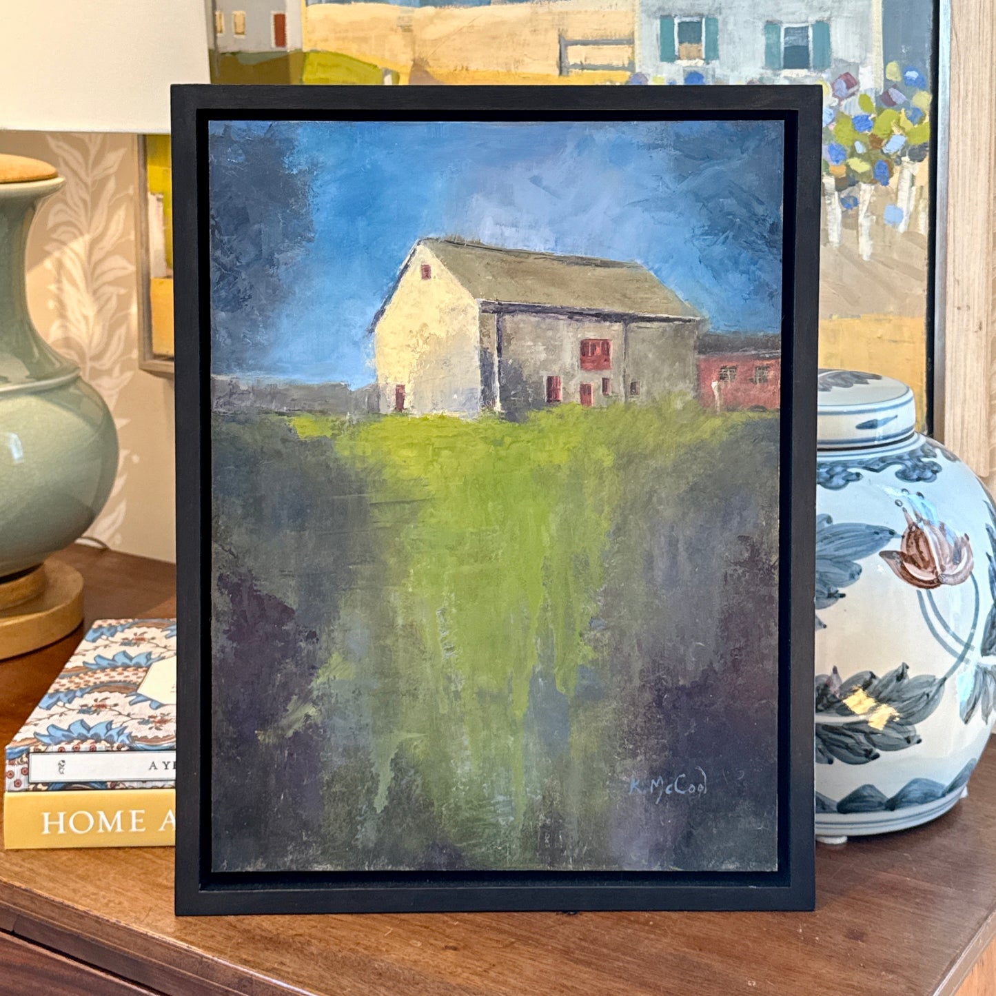 Karen McCool Barn at Stroud Preserve Landscape Oil Painting in Black Floater Frame