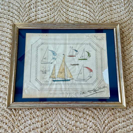 George Wells 1968 Nautical Sailboat Rug Design Sketch in Gilded Wood Frame