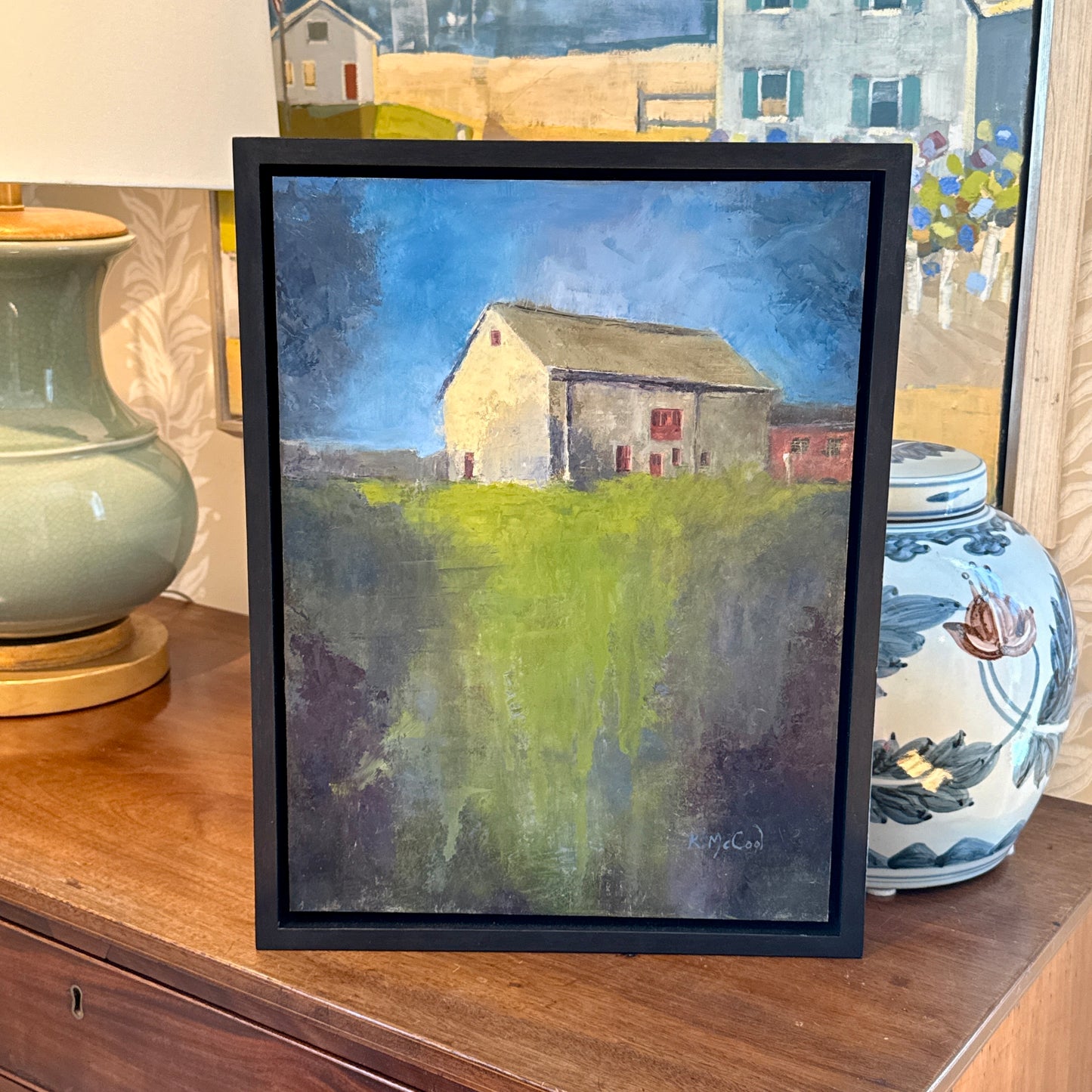 Karen McCool Barn at Stroud Preserve Landscape Oil Painting in Black Floater Frame