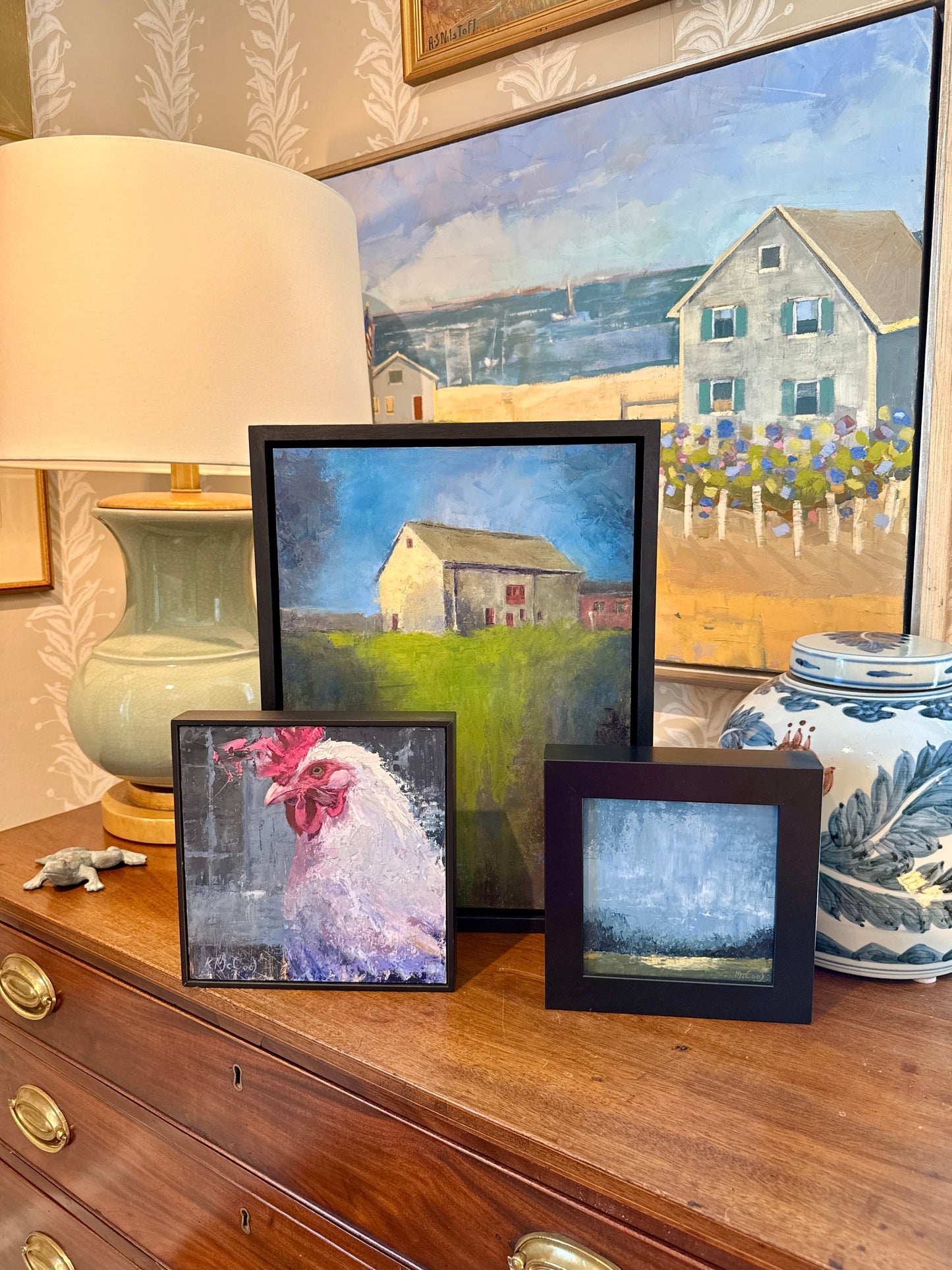 Karen McCool Dora the Eggsplora Rooster Portrait Oil Painting in Black Floater Frame