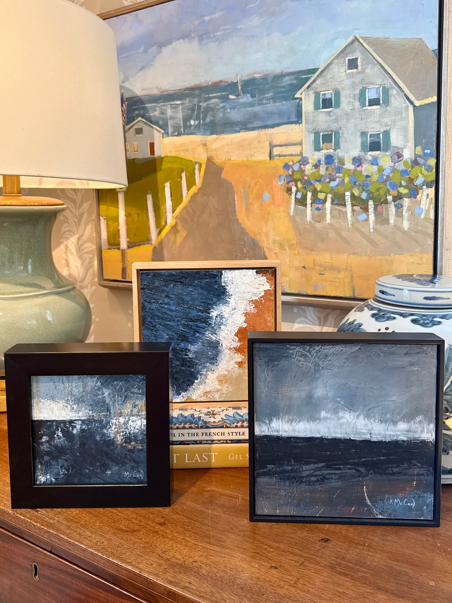 Karen McCool Above The Shoreline Oil and Wax Painting in Maple Floater Frame