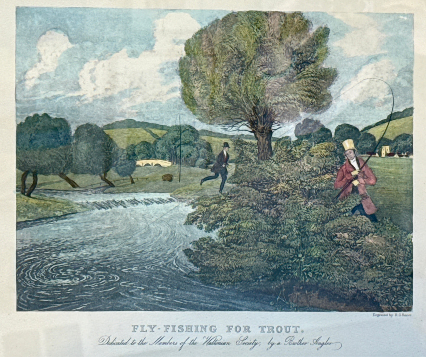 19th Century Fly Fishing for Trout by James Pollard Hand Colored Etching in Wood and Gilded Frame