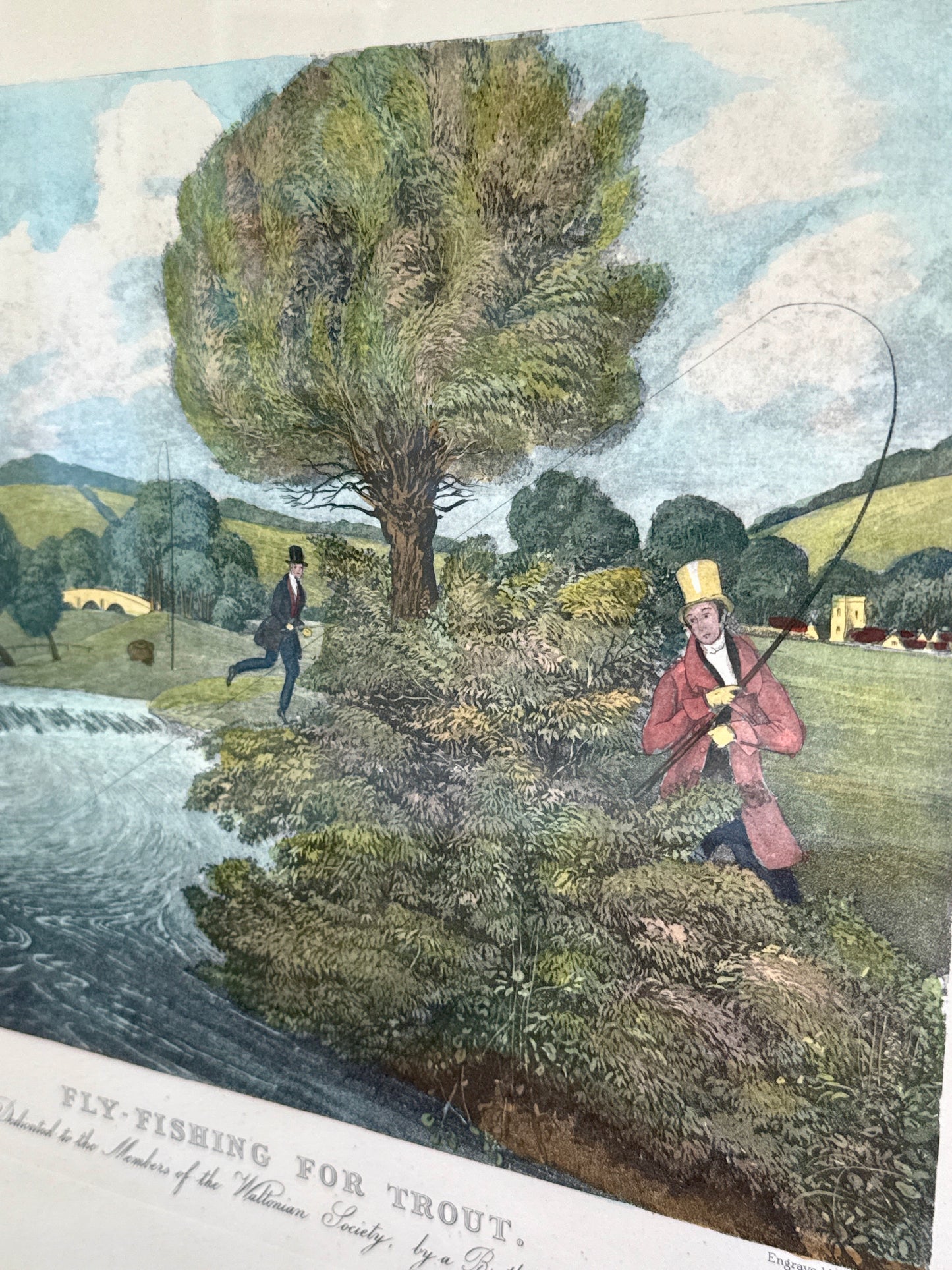 19th Century Fly Fishing for Trout by James Pollard Hand Colored Etching in Wood and Gilded Frame