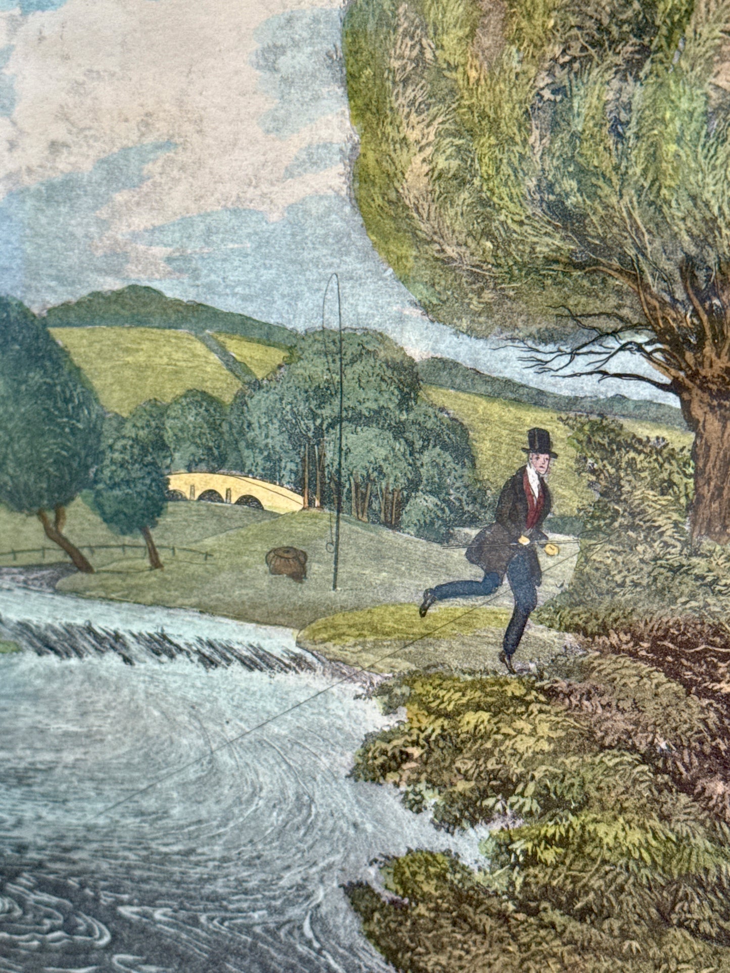19th Century Fly Fishing for Trout by James Pollard Hand Colored Etching in Wood and Gilded Frame