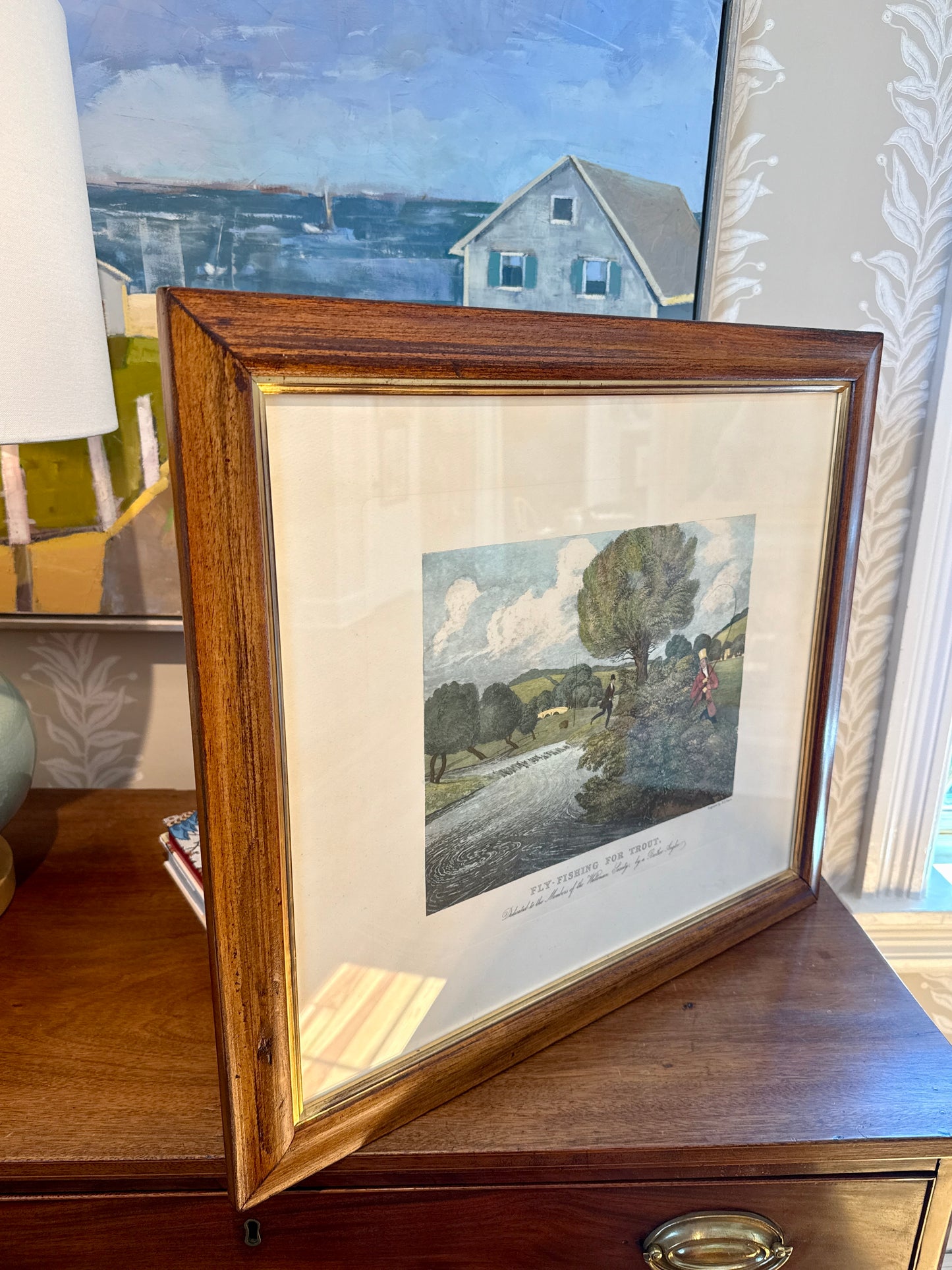 19th Century Fly Fishing for Trout by James Pollard Hand Colored Etching in Wood and Gilded Frame