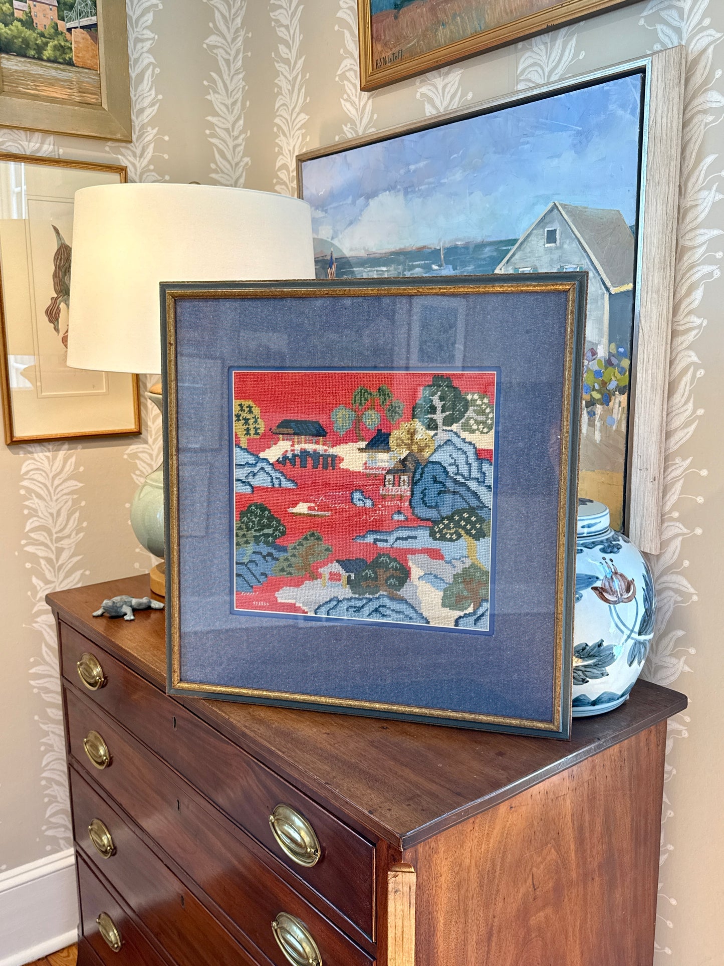 Vintage Chinoiserie Landscape Needlepoint in Gold Frame