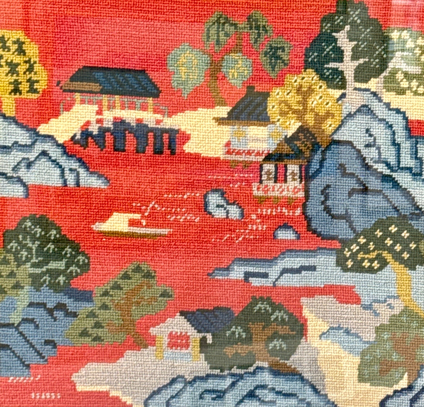 Vintage Chinoiserie Landscape Needlepoint in Gold Frame
