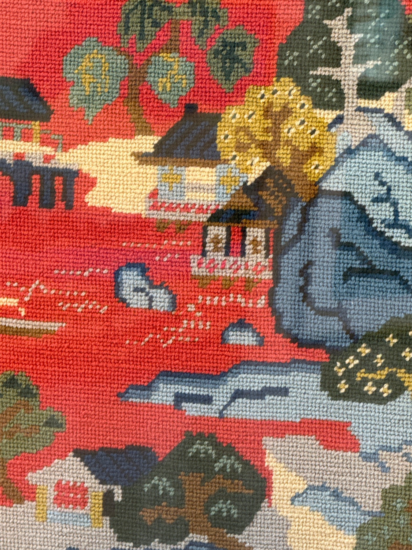 Vintage Chinoiserie Landscape Needlepoint in Gold Frame
