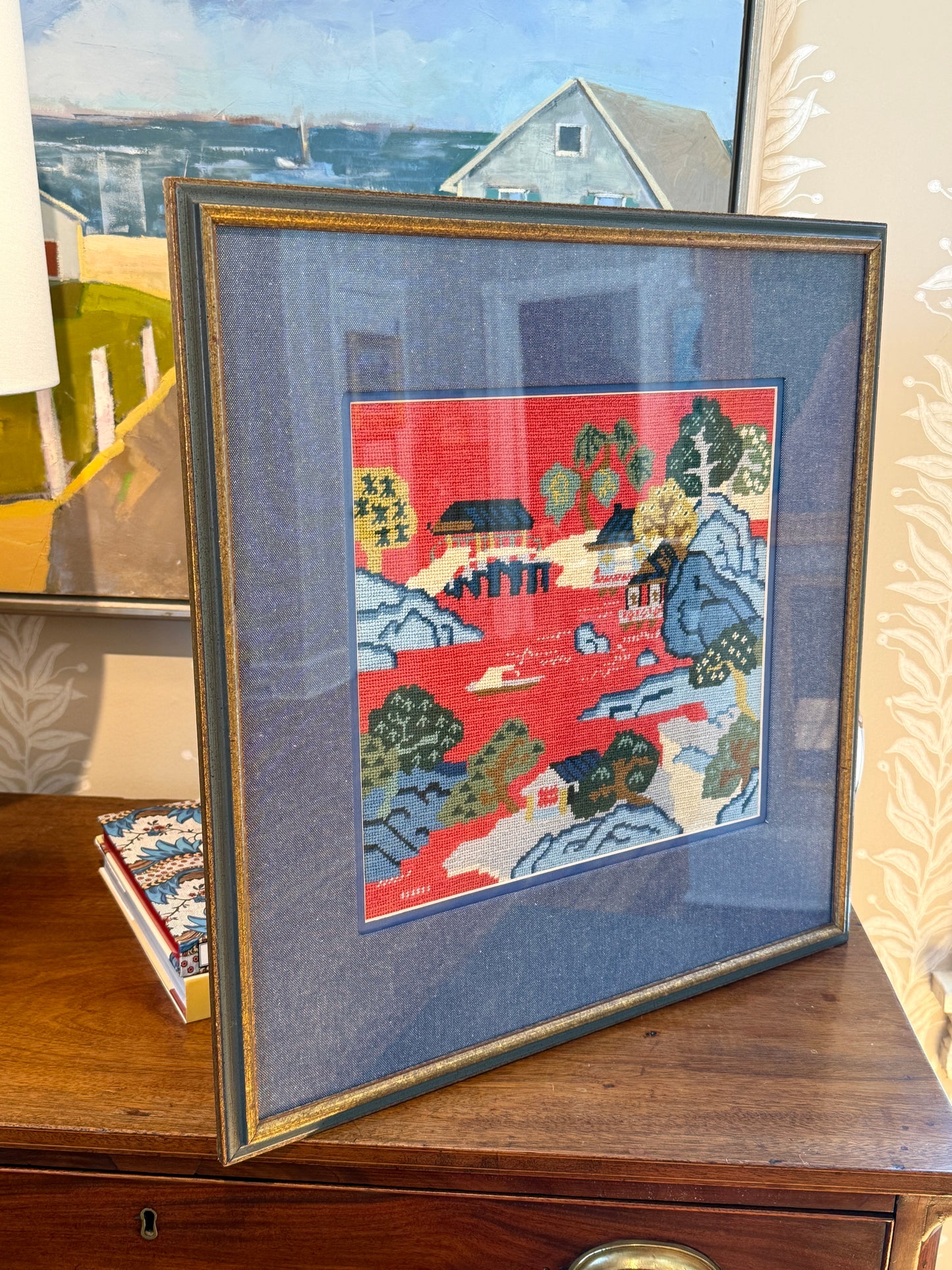 Vintage Chinoiserie Landscape Needlepoint in Gold Frame
