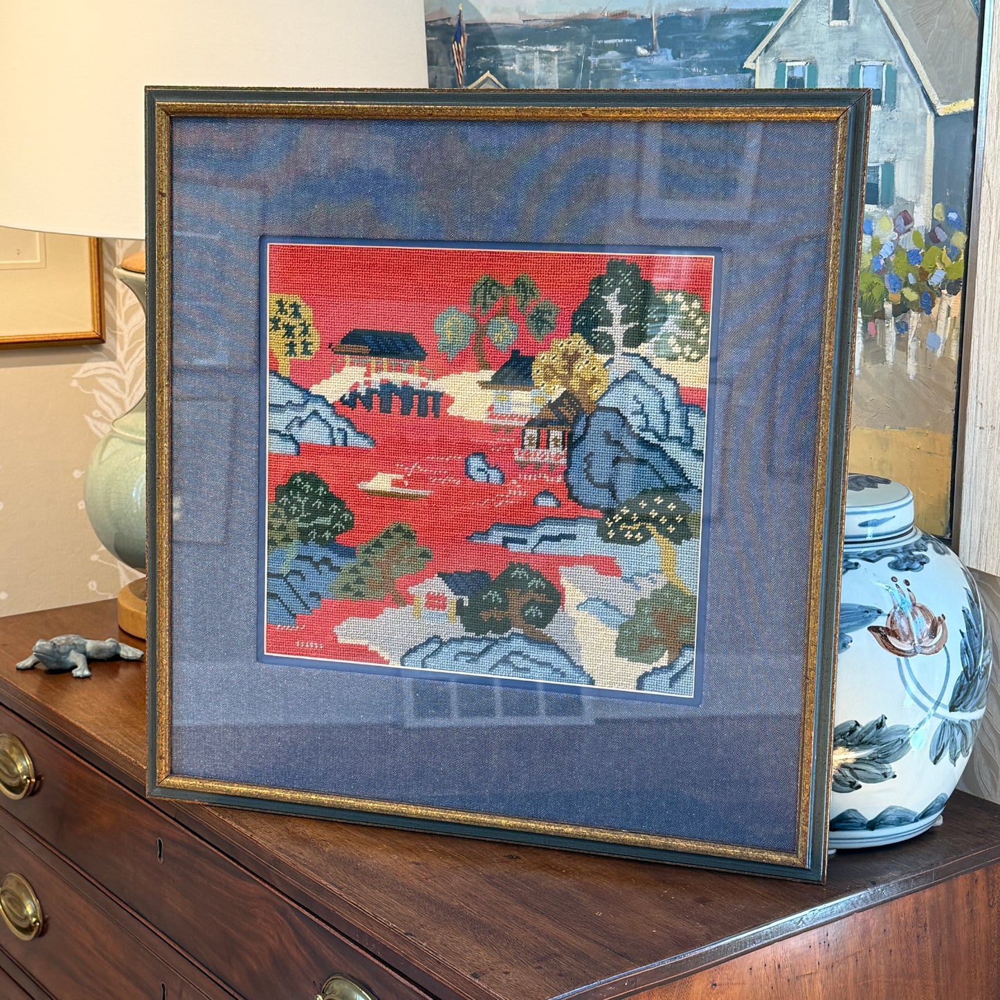 Vintage Chinoiserie Landscape Needlepoint in Gold Frame