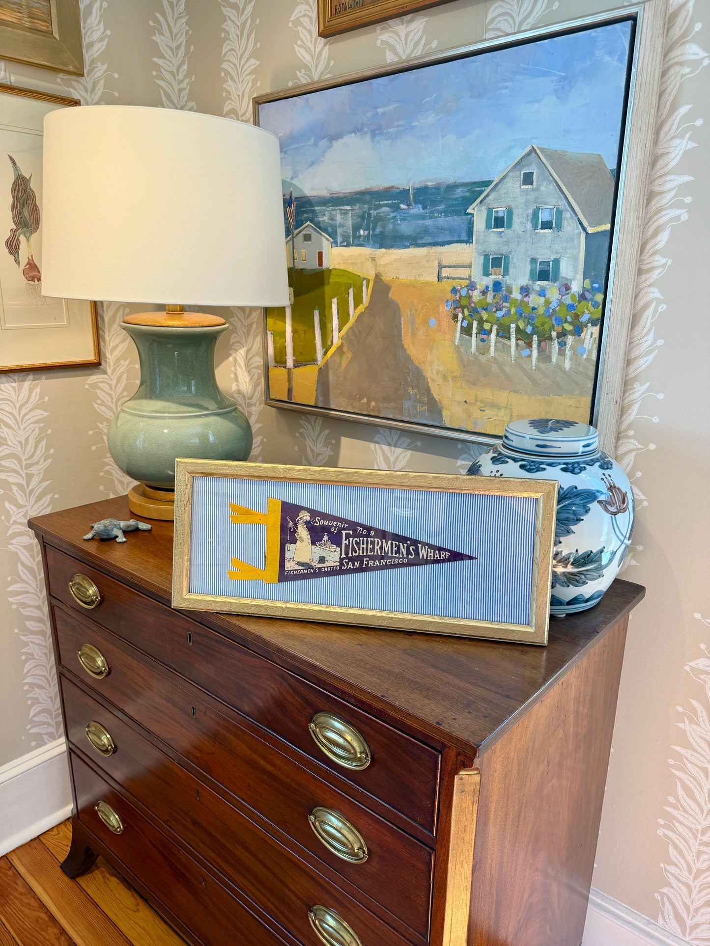 Vintage San Francisco Fisherman's Wharf Felt Pennant on Blue Ticking Stripes in Gold Frame