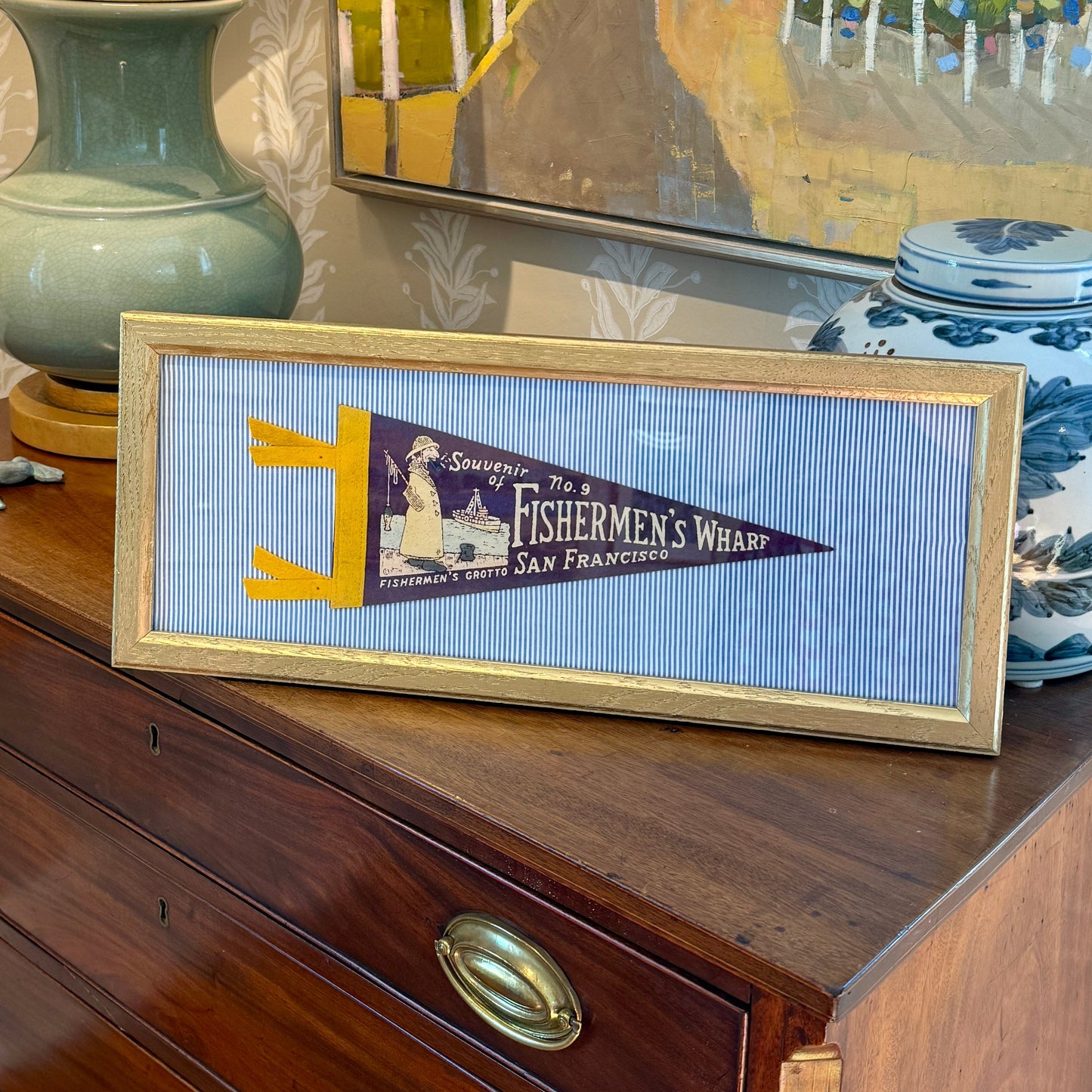 Vintage San Francisco Fisherman's Wharf Felt Pennant on Blue Ticking Stripes in Gold Frame
