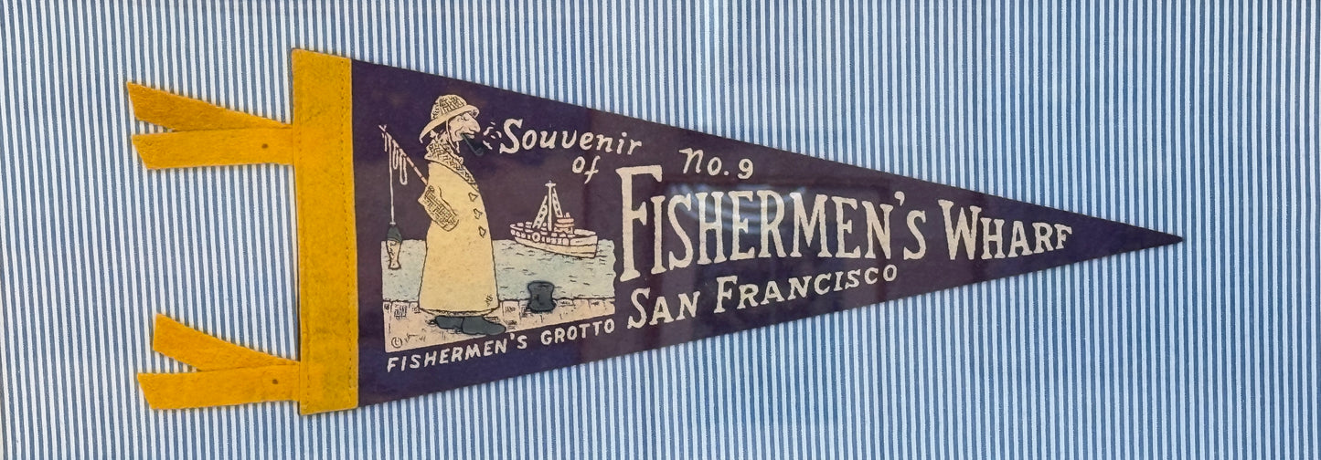 Vintage San Francisco Fisherman's Wharf Felt Pennant on Blue Ticking Stripes in Gold Frame