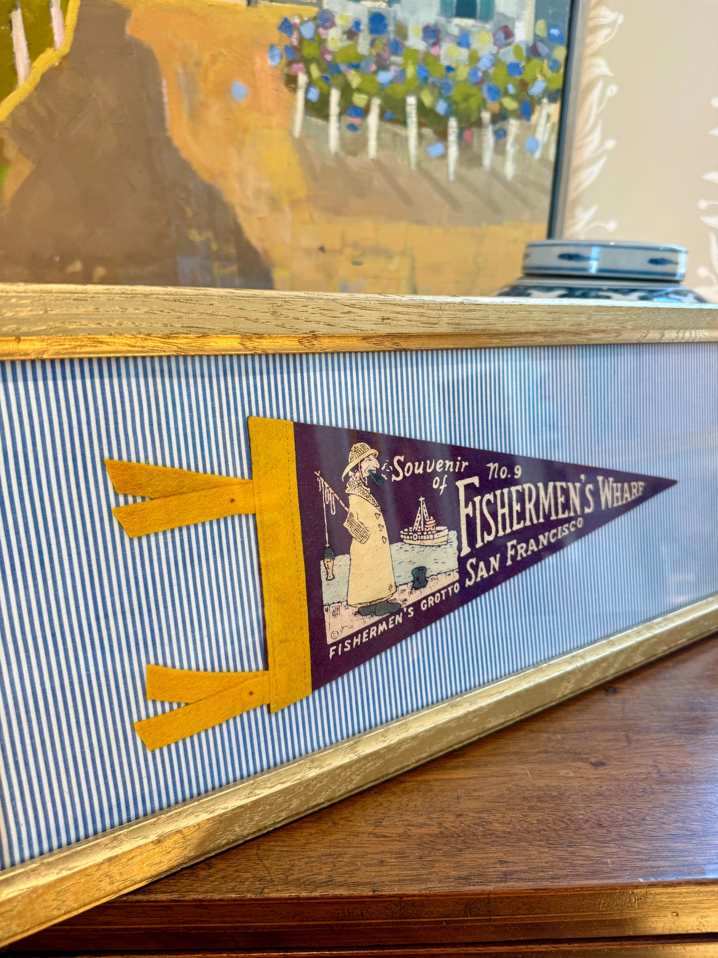 Vintage San Francisco Fisherman's Wharf Felt Pennant on Blue Ticking Stripes in Gold Frame