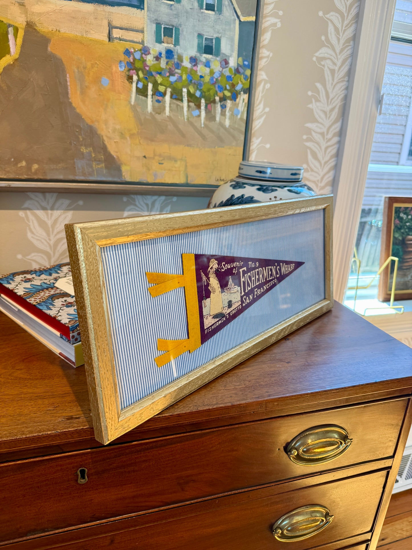 Vintage San Francisco Fisherman's Wharf Felt Pennant on Blue Ticking Stripes in Gold Frame