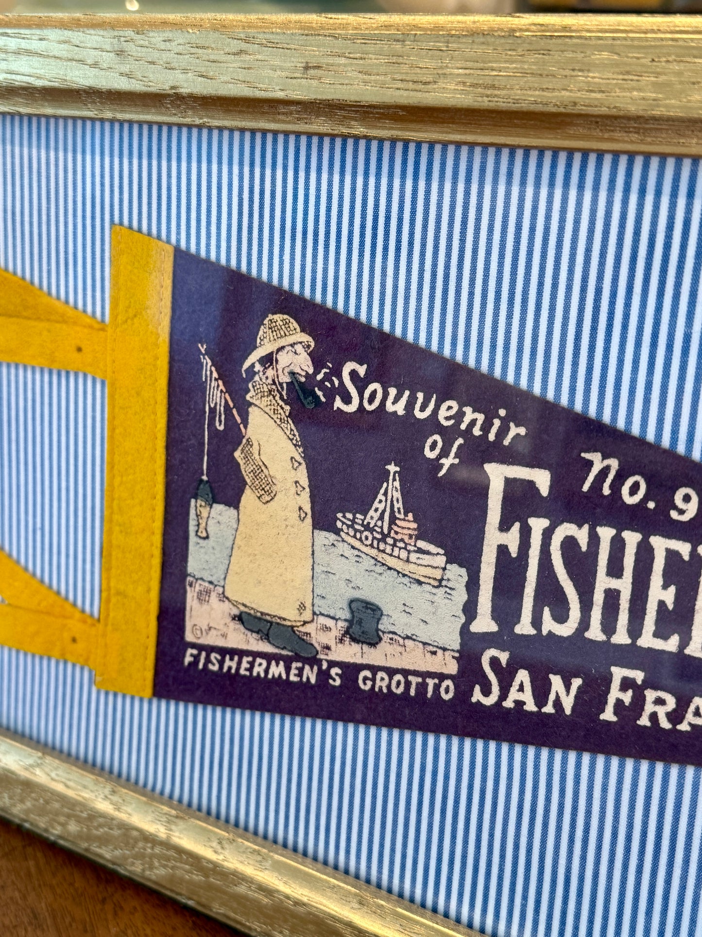 Vintage San Francisco Fisherman's Wharf Felt Pennant on Blue Ticking Stripes in Gold Frame