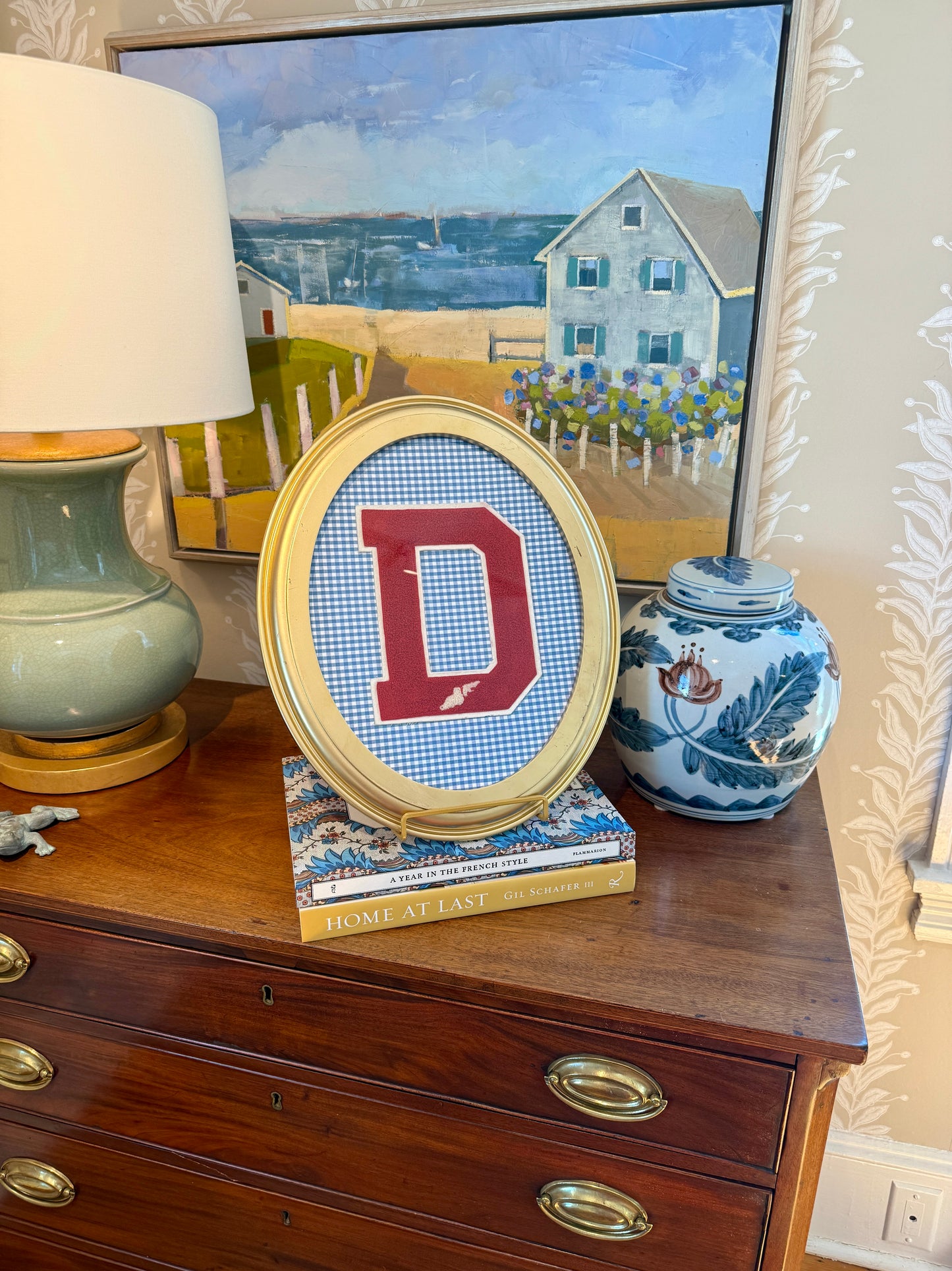 Vintage Large Varsity Initial Letter "D" on Blue Gingham in Oval Gold Frame
