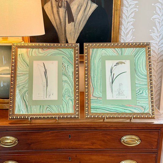 Pair of 19th c. Hand Colored Botanical Engravings on Green Hand Marbled Paper in Vintage Gold Frames