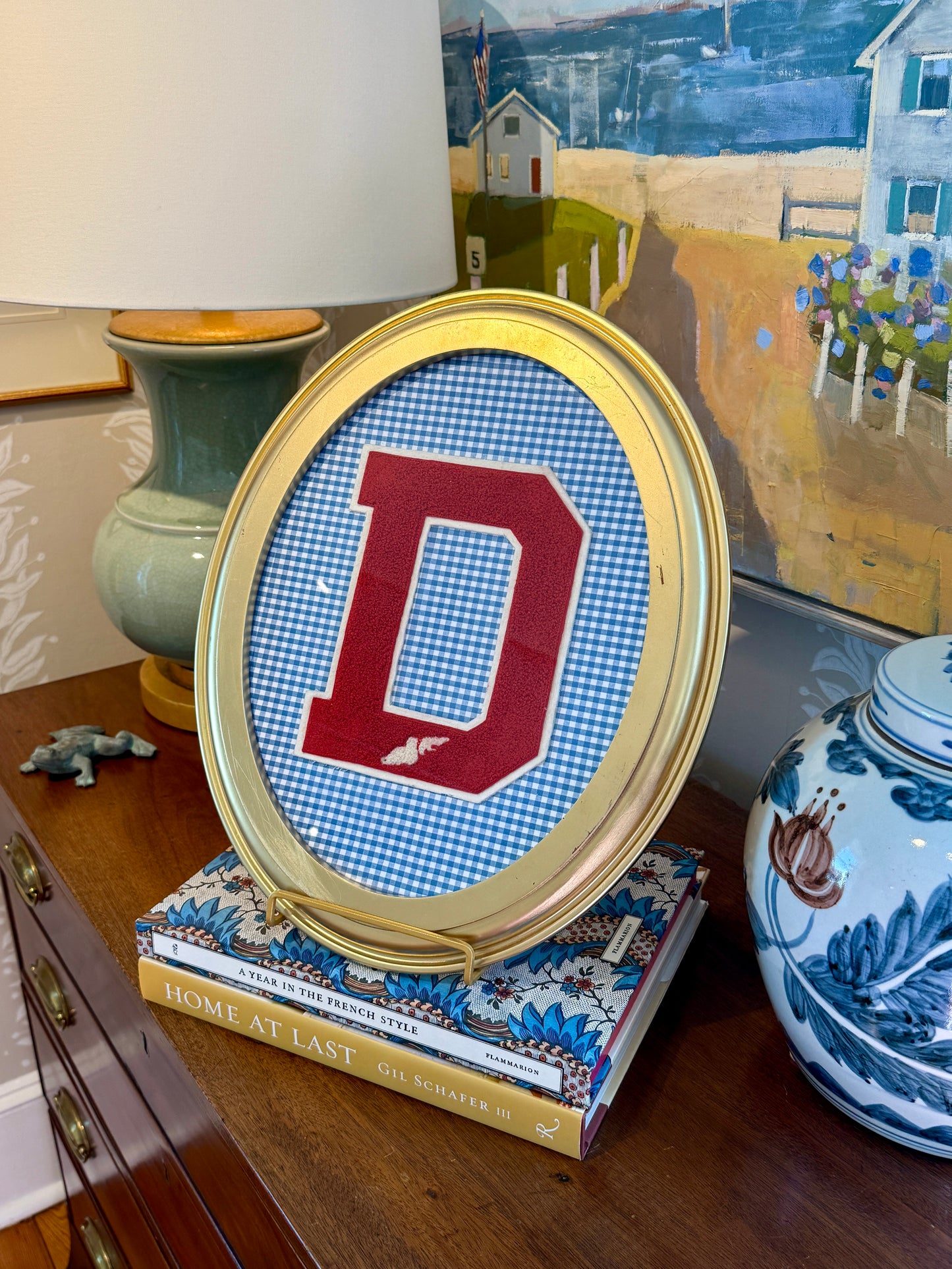 Vintage Large Varsity Initial Letter "D" on Blue Gingham in Oval Gold Frame