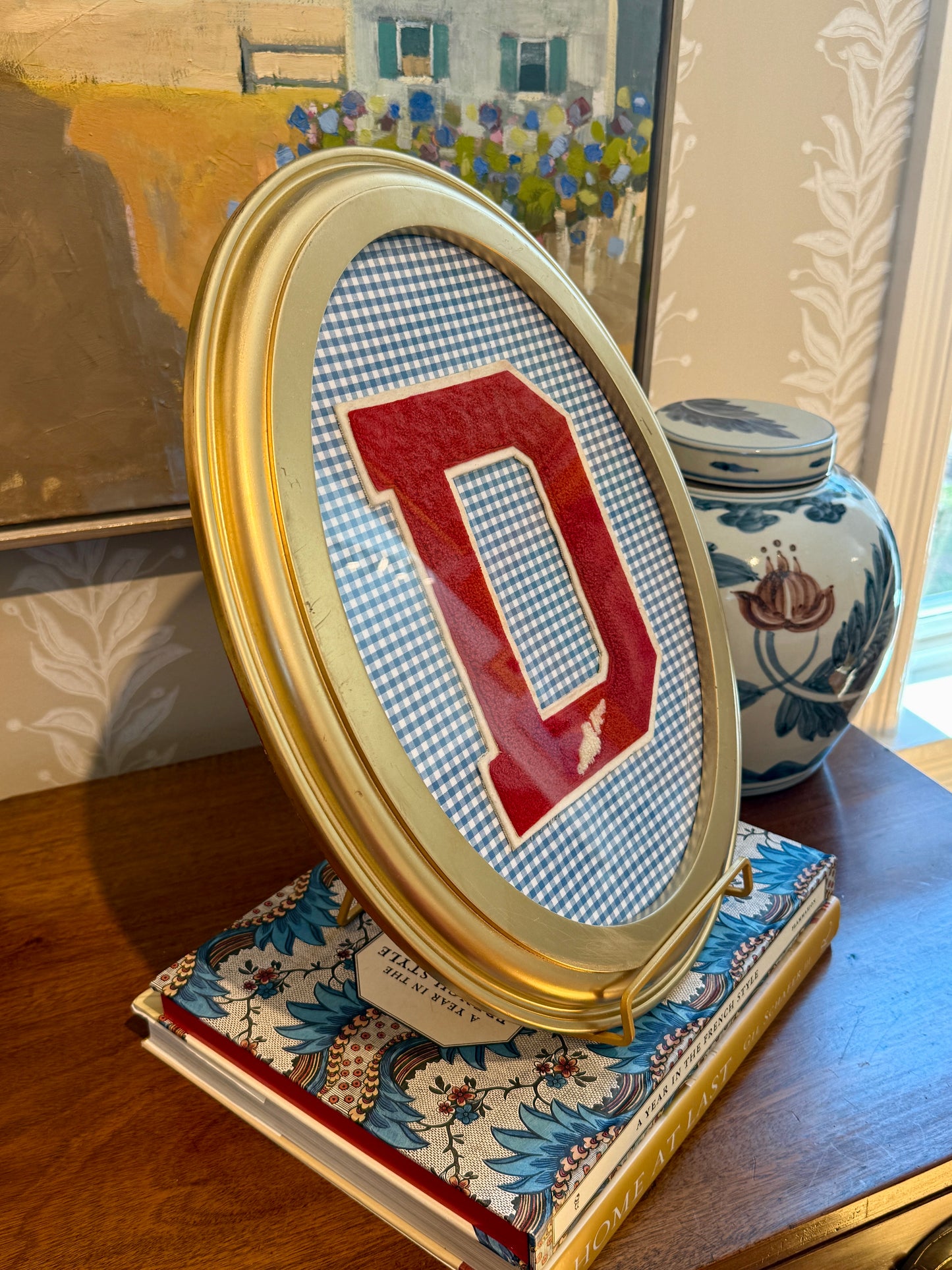 Vintage Large Varsity Initial Letter "D" on Blue Gingham in Oval Gold Frame