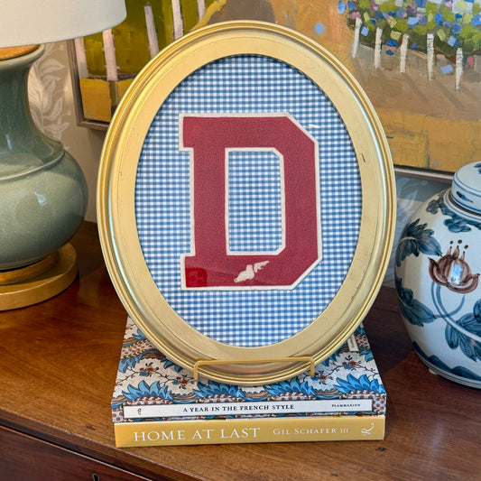 Vintage Large Varsity Initial Letter "D" on Blue Gingham in Oval Gold Frame