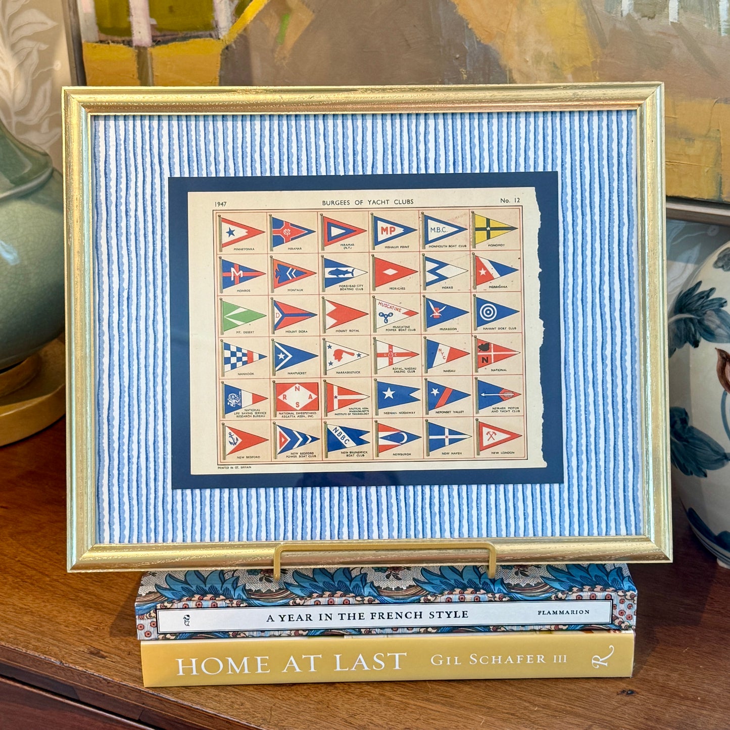 1947 Private Signals of Yachtsmen Flags on Blue and White Stripes in Gold Frame