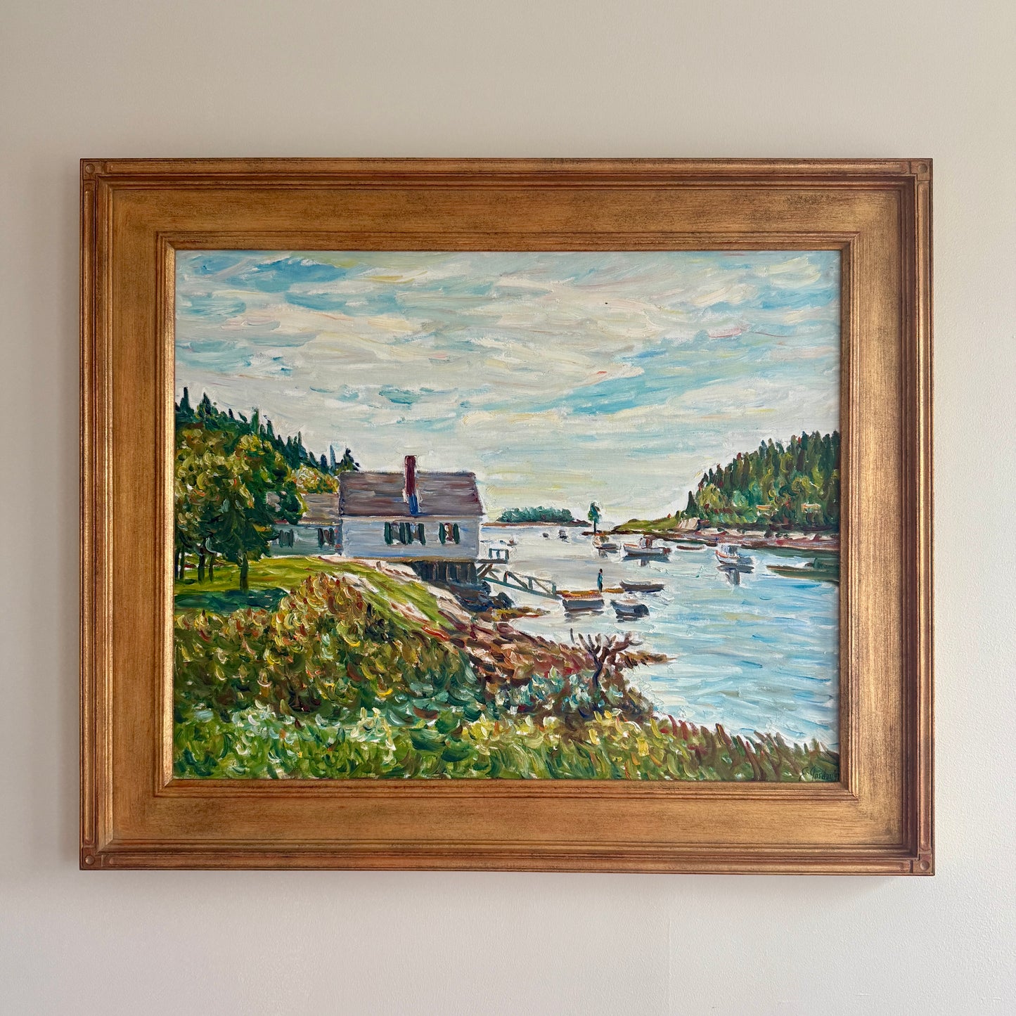 Edmund Jordan Fishing Cove Southport Island, Maine Oil Painting in Gold Frame