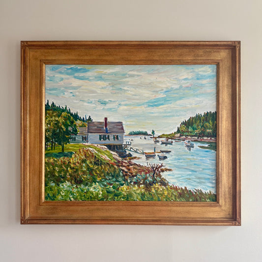 Edmund Jordan Fishing Cove Southport Island, Maine Oil Painting in Gold Frame