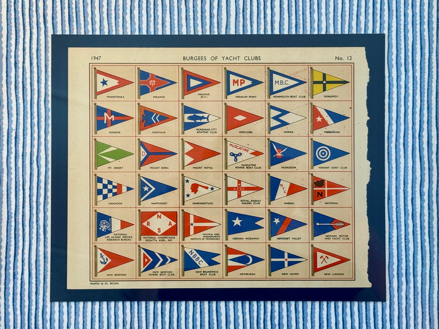 1947 Private Signals of Yachtsmen Flags on Blue and White Stripes in Gold Frame