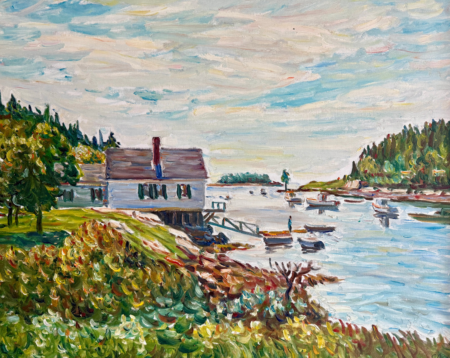 Edmund Jordan Fishing Cove Southport Island, Maine Oil Painting in Gold Frame