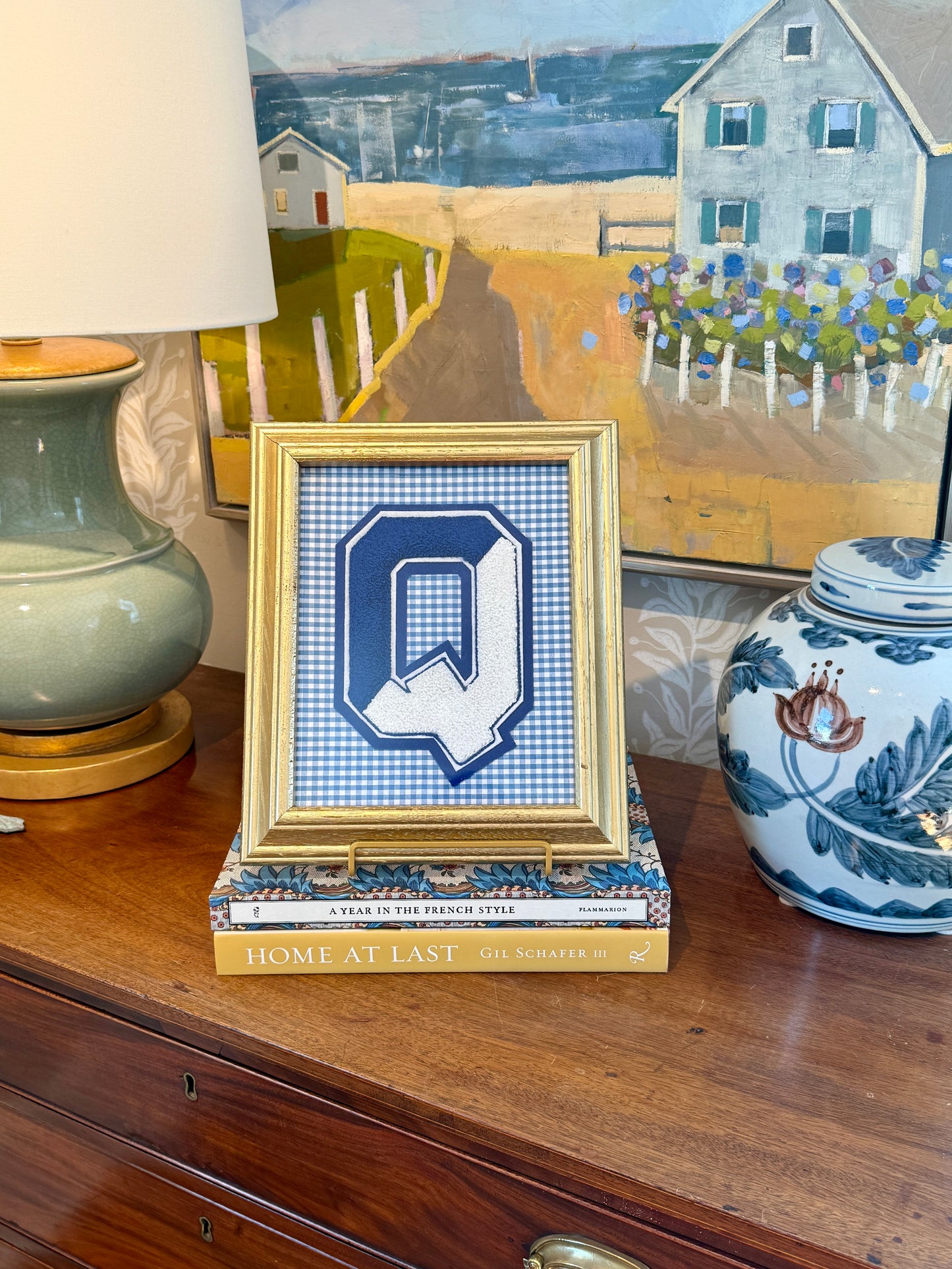 Vintage Large Varsity Initial Letter "Q" on Blue Gingham in Gold Frame