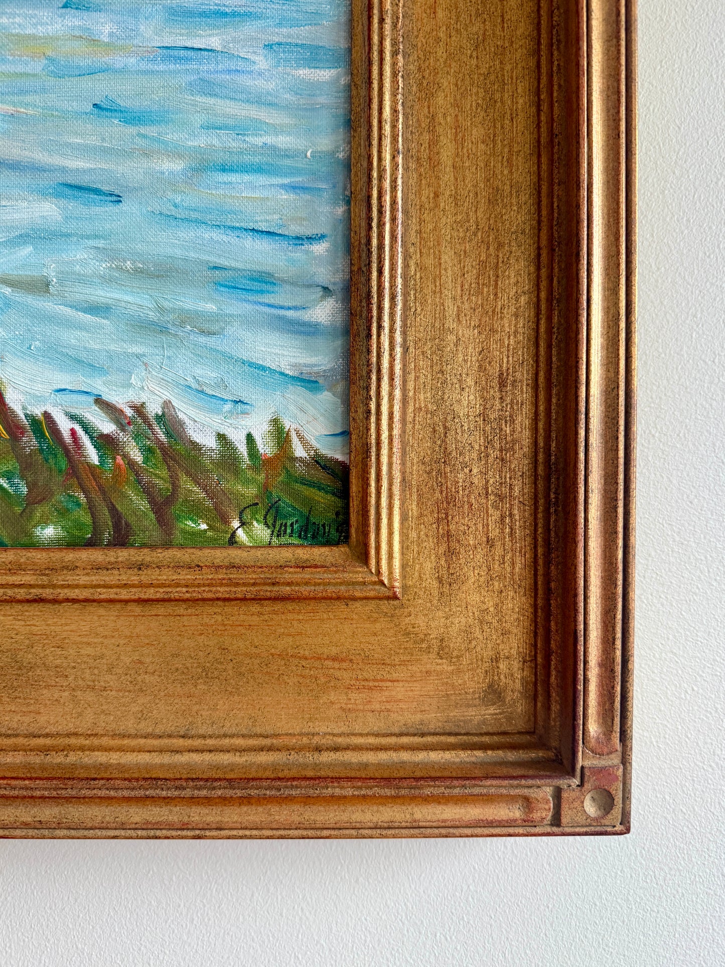 Edmund Jordan Fishing Cove Southport Island, Maine Oil Painting in Gold Frame