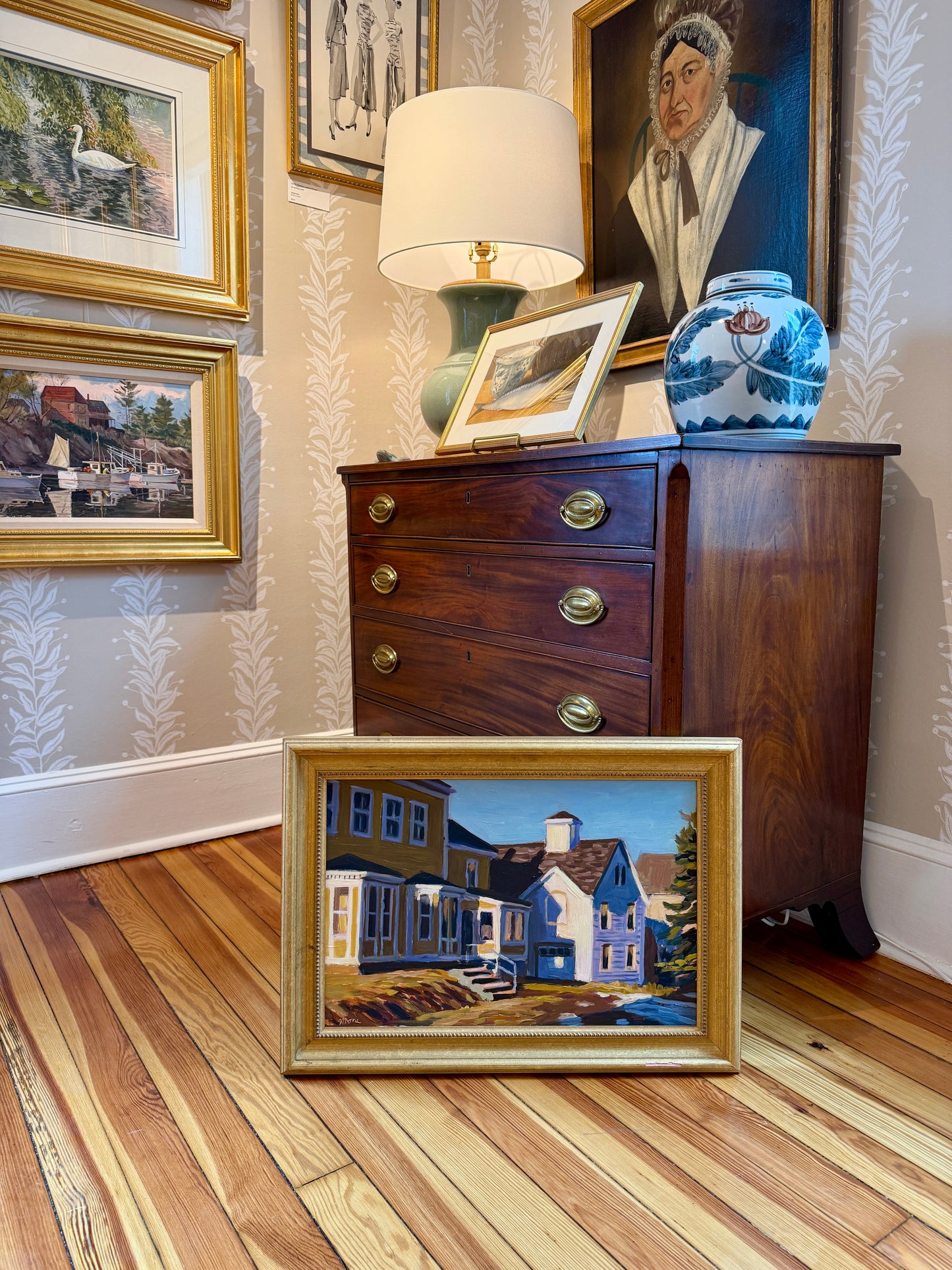 Scott Moore Rambler Colorful Houses Landscape Oil Painting in Gold Frame