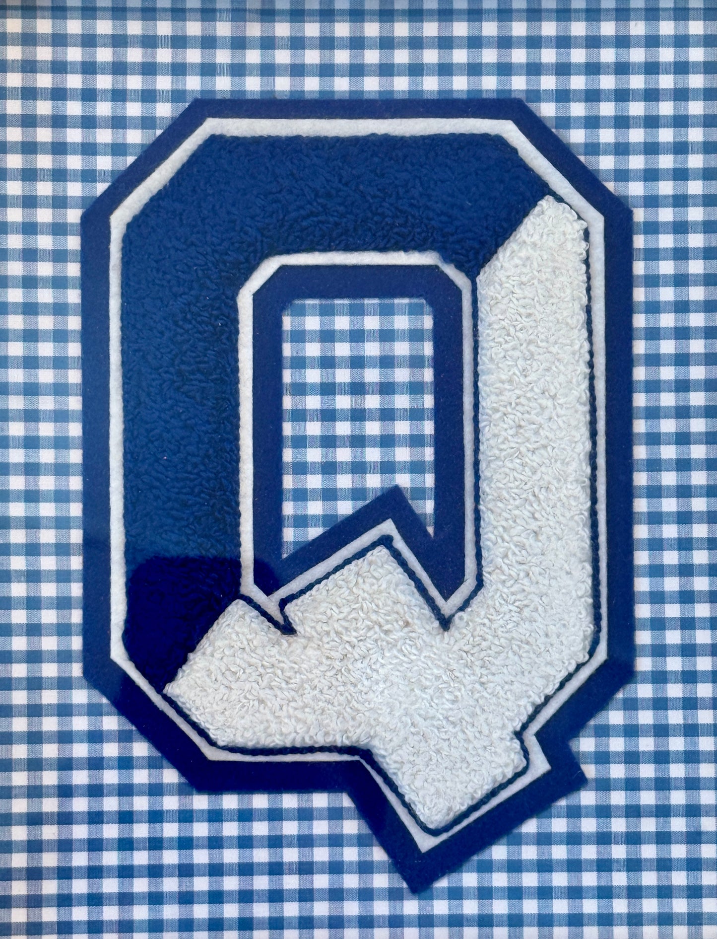 Vintage Large Varsity Initial Letter "Q" on Blue Gingham in Gold Frame