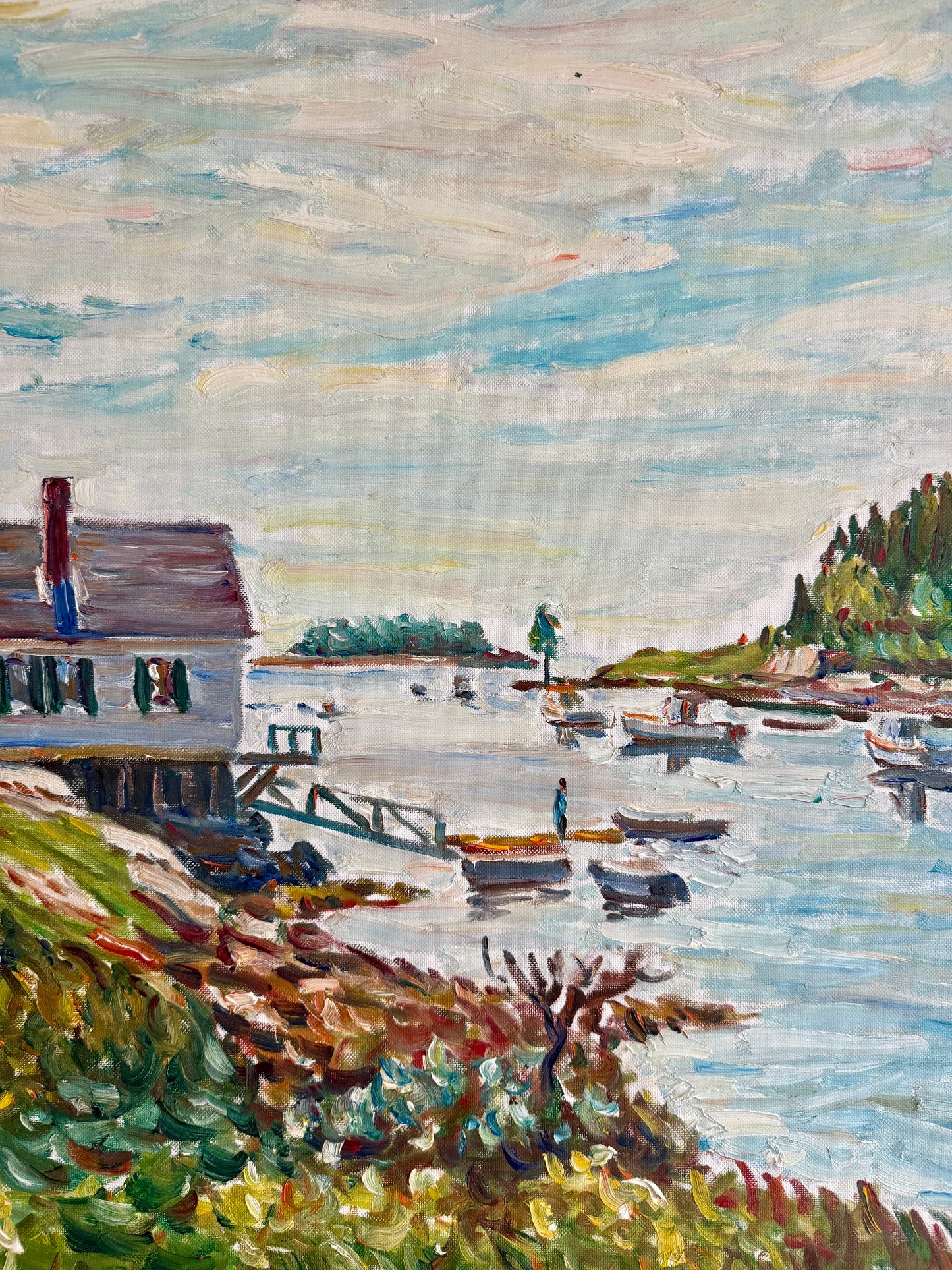 Edmund Jordan Fishing Cove Southport Island, Maine Oil Painting in Gold Frame