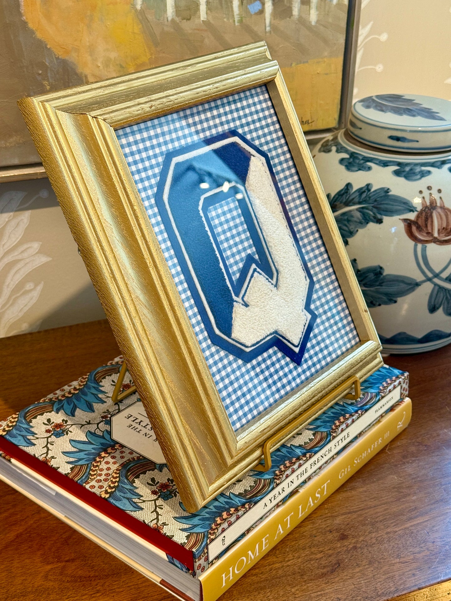 Vintage Large Varsity Initial Letter "Q" on Blue Gingham in Gold Frame