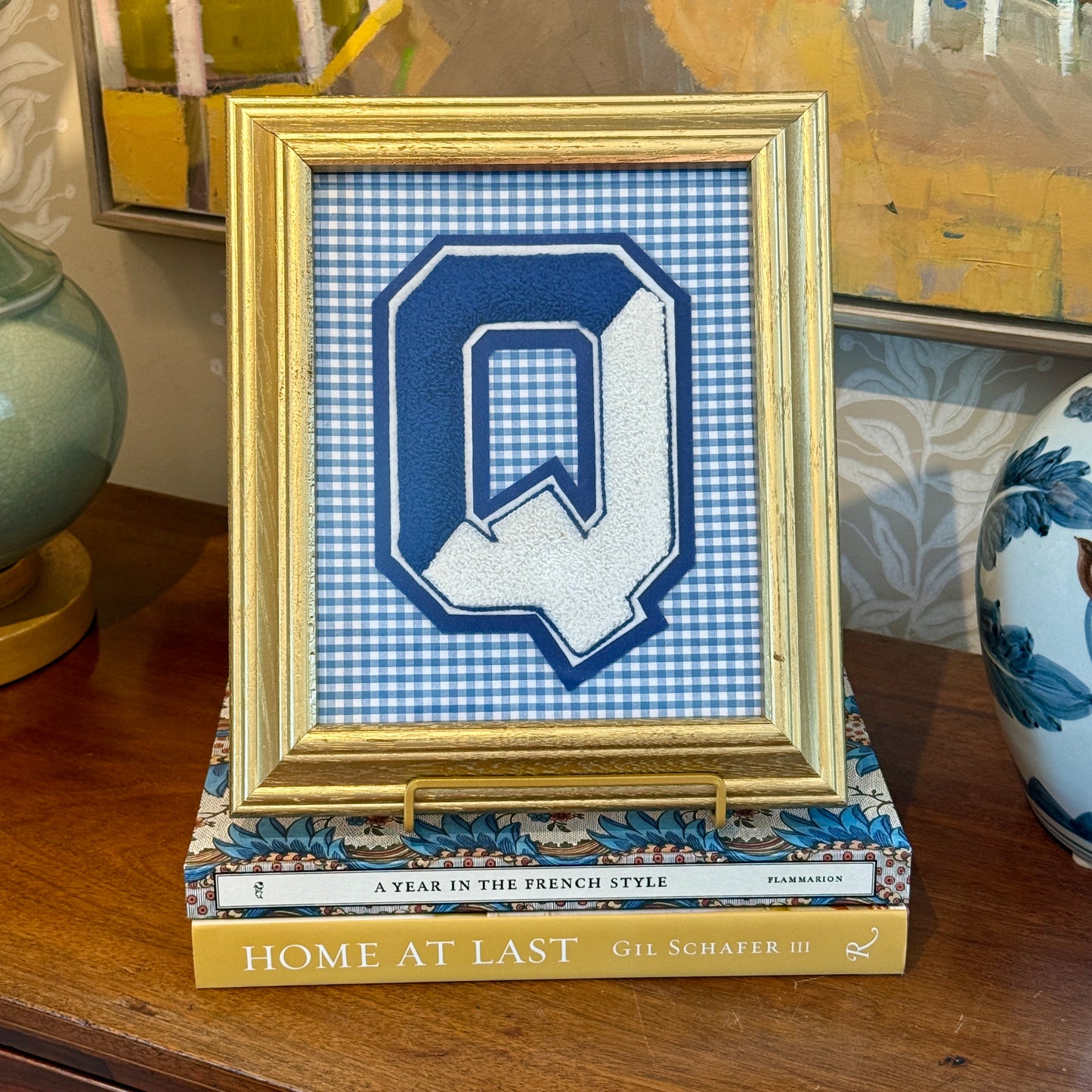 Vintage Large Varsity Initial Letter "Q" on Blue Gingham in Gold Frame
