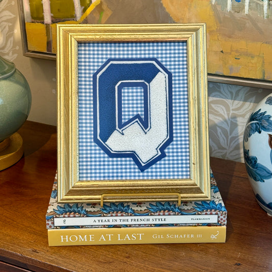 Vintage Large Varsity Initial Letter "Q" on Blue Gingham in Gold Frame